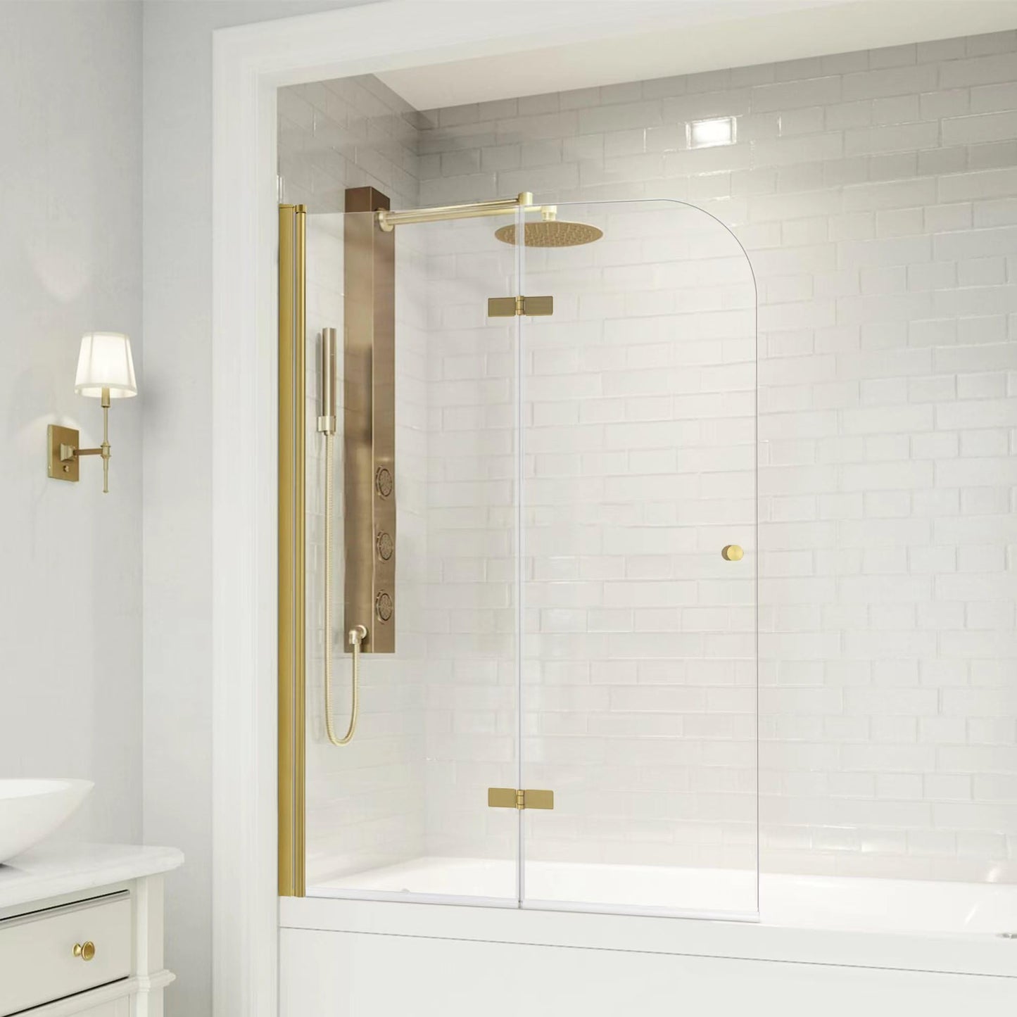 Bathroom Frameless Hinged Foldable Tub Door, Shower Glass Door 43 * 58” Shower Screen Panel with Tempered Glass (6mm), Fixed Clamps Included, Brushed Gold