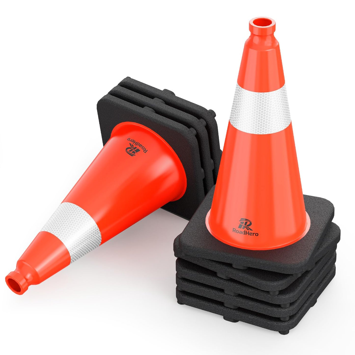 RoadHero 8 Pack Traffic Safety Cones 18 Inch, PVC Cone with Black Weighted Base, Orange Cones with Reflective Collar, Cones for Parking Lot, Construction Events, Road Safety