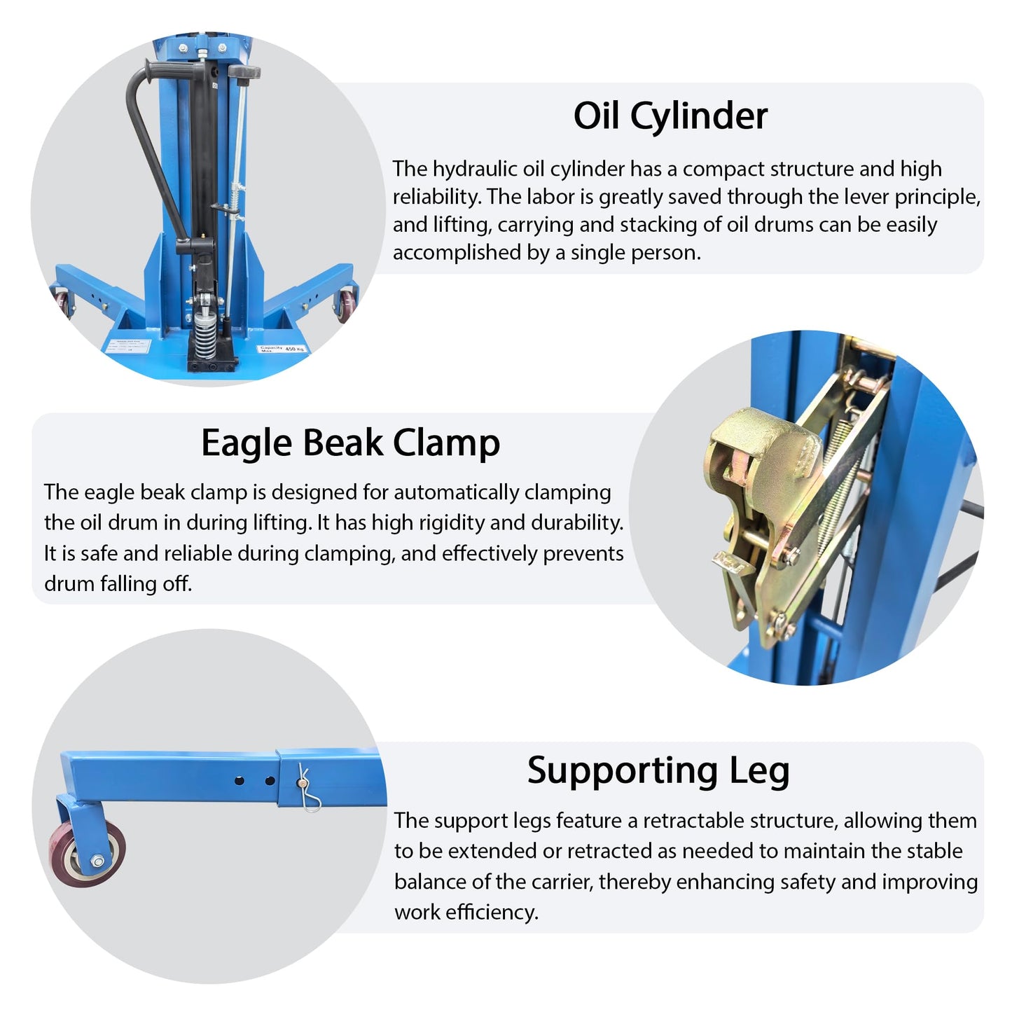 HayWHNKN Manual Hydraulic Drum Handler, Drum Lift Truck with Extendable Legs for 30-55 Gal Steel/Plastic Barrels, 450kg Capacity, 19.69" Lift Height, Easy Clamp Eagle Beak, for Factories & Warehouse