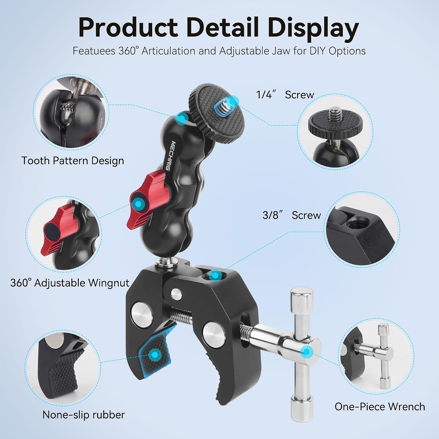 Mechrig 360 1/4"-20 3/8"-16 (SJ019) Camera Clamp Mount with Dual Ballhead Magic Arm, Double Ball Head Adapter
