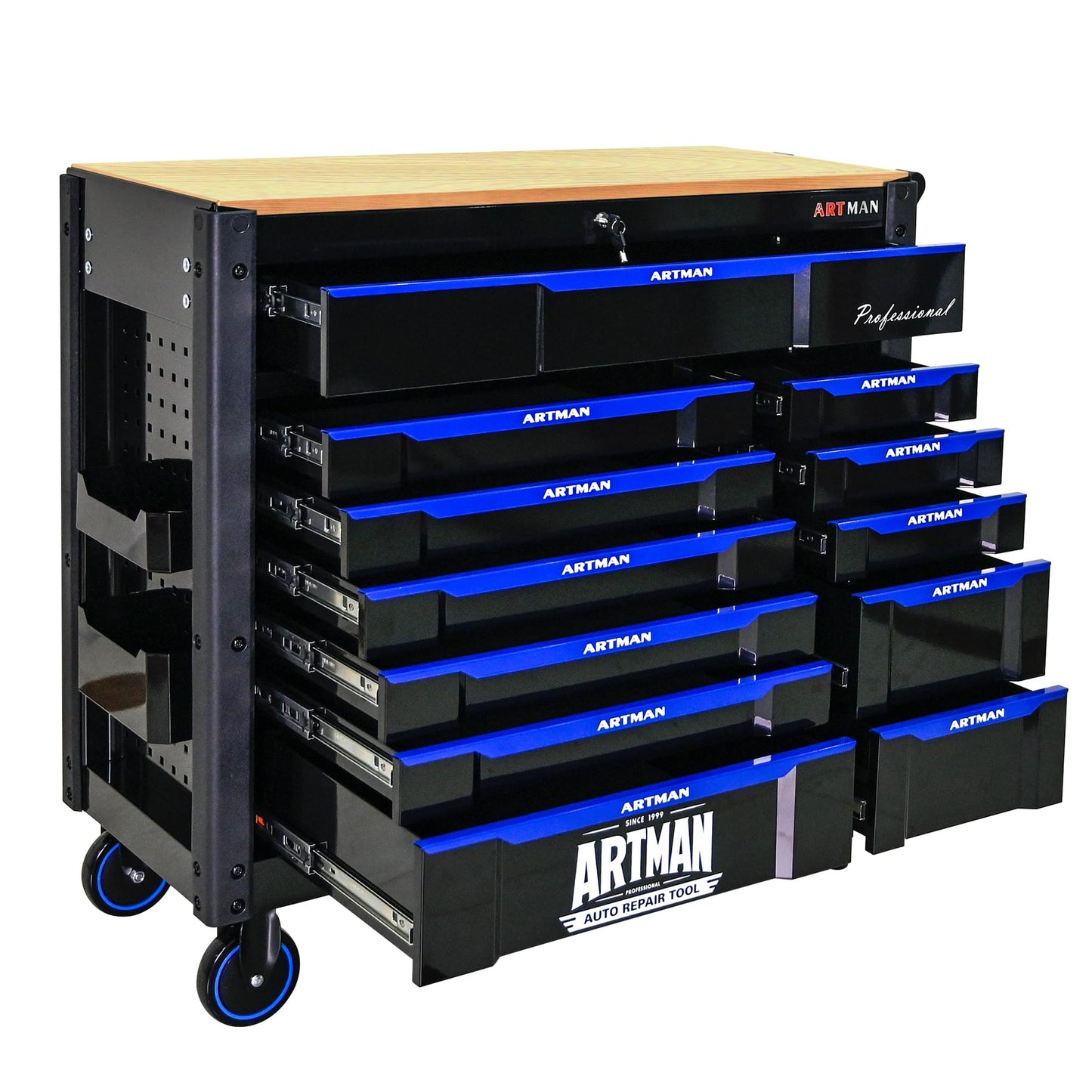 WIILAYOK Rolling Tool Chest on Wheels, Heavy Duty Metal Tool Cabinet Chest with 12 Drawers, Wooden Workbench Top, Large Tool Cart for Warehouse, Garage, Workshop, Repair Shop, Tool Organizer Chest