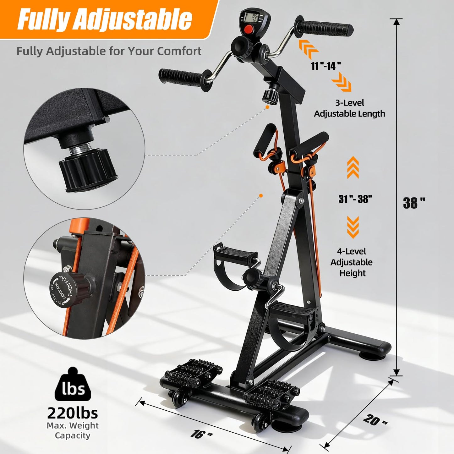 Pedal Exerciser for Seniors, Heavy Duty Arm and Leg Exercise Bike for Physical Therapy, Seated Rehabilitation Equipment with Massage Rollers & Adjustable Resistance for Stroke Recovery (Black)