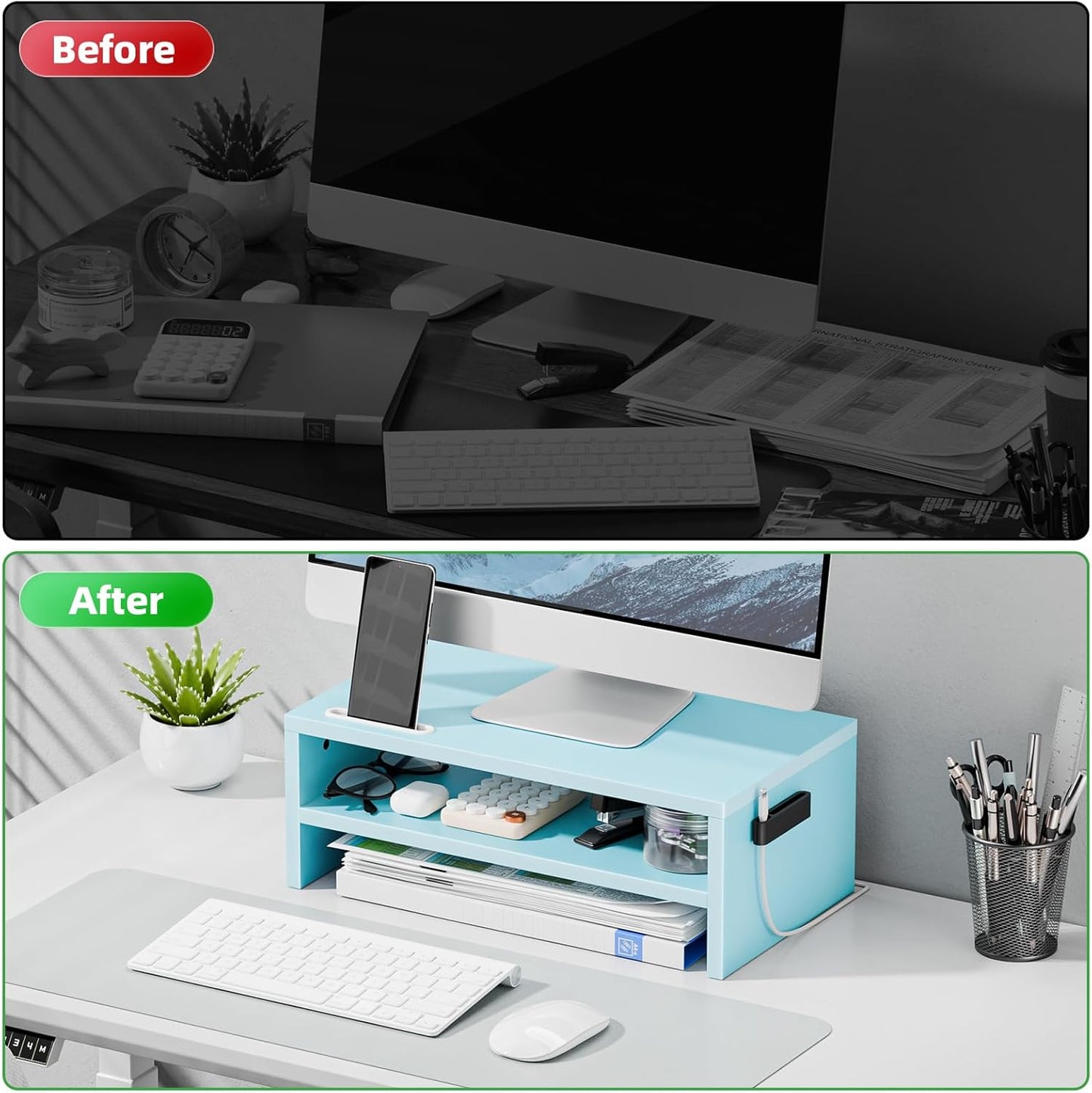 16.5 Inch 2 Marbrasse Monitor Stand Riser, Tier Computer Printer Shelf Stand for Laptop Computer Screen Storage
