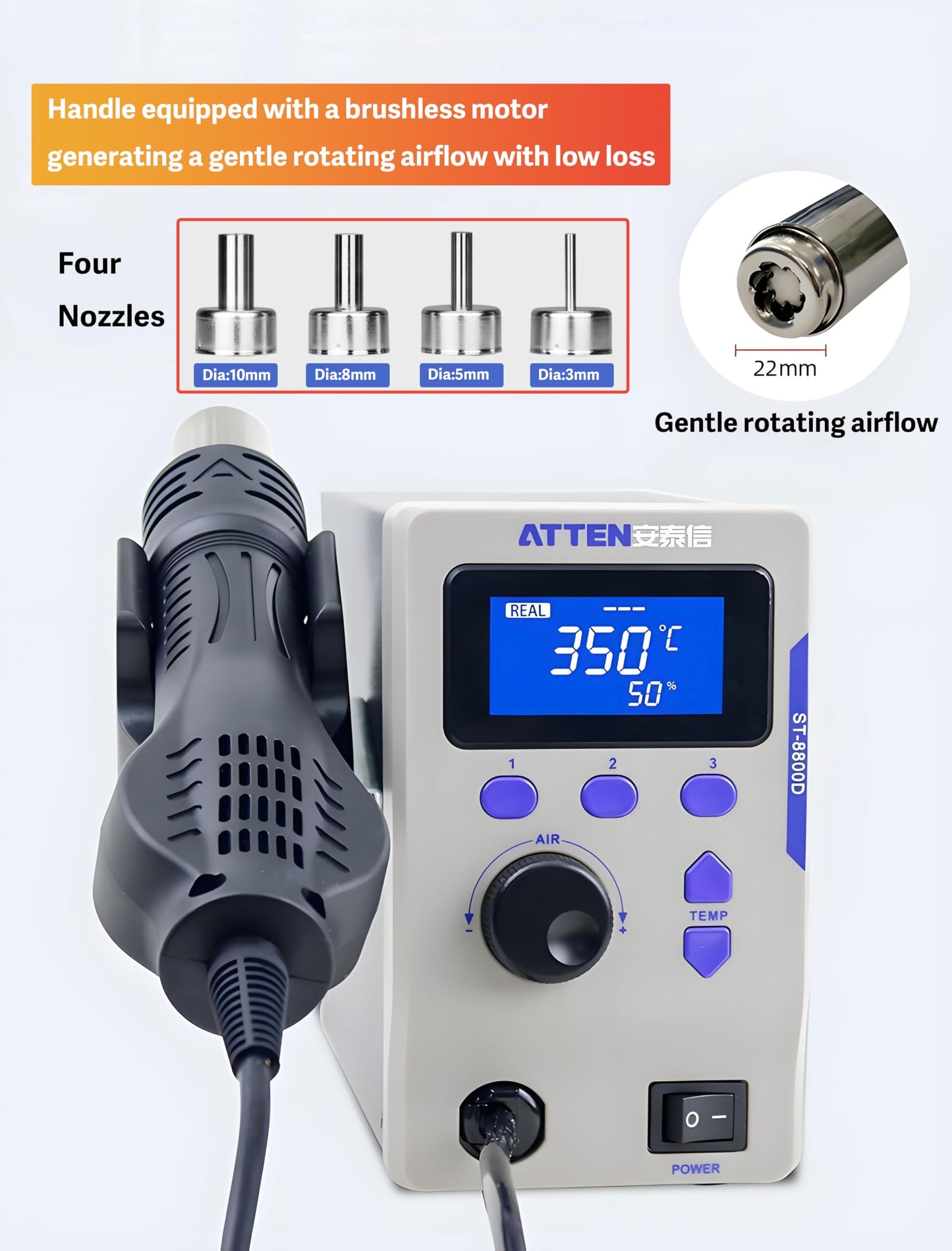 Hot Air Gun Soldering Station, ST-8800D Hot Air Rework Station, Desoldering Station with 4 Air Nozzles, 800W, Automatic Sleep, Temperature Lockout