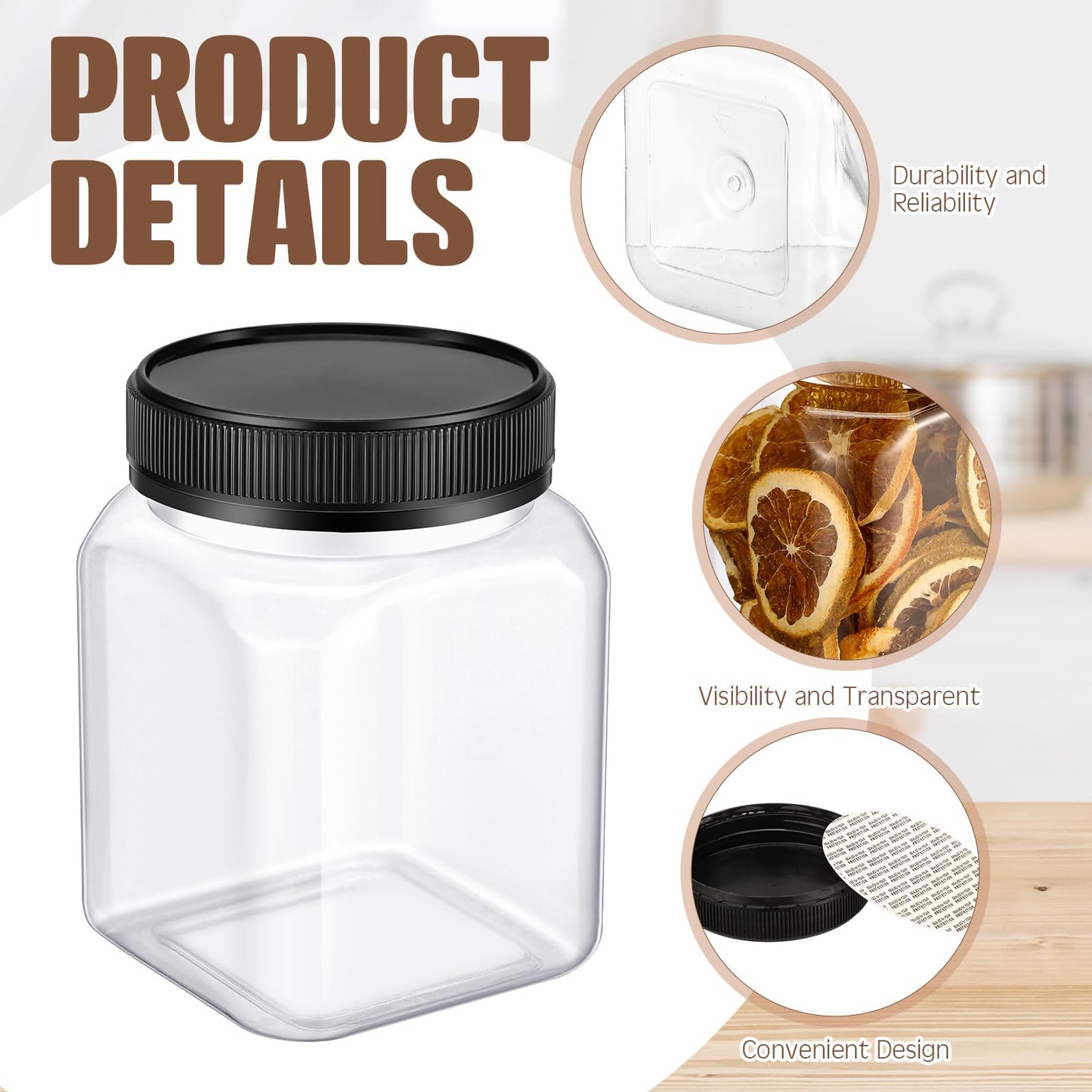 Nosiny 12 Pcs 24 oz Clear Plastic Jars with Lids Square Plastic Container Large Candy Jars with Screw on Lids Refillable Kitchen Storage Containers for Dry Food, Coffee (Black)