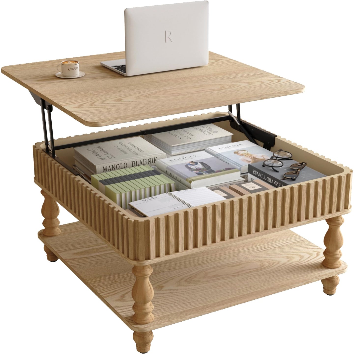 Harr Lift Top Square Coffee Table with Storage, 31.5'' Sofa Side End Table, Fluted Design Hydraulic Raising Mechanism, Hidden Compartment & Open Shelf, Retro Solid Wood Legs for Living Room, Natural