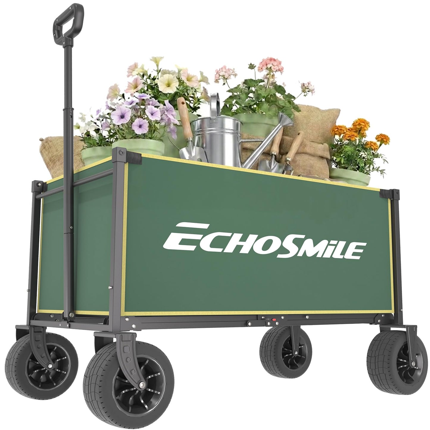 EchoSmile Collapsible Wagon Cart for Camping & Beach - Heavy Duty 400lbs Capacity All-Terrain Cart with Wide Wheels, Portable Folding Utility Wagon for Grocery, Garden, Sports,Green&Yellow