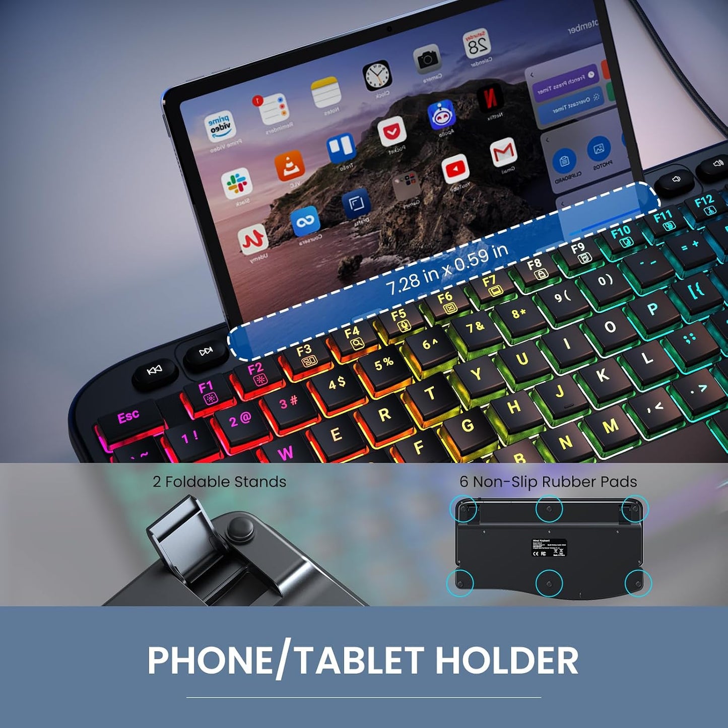 VEILZOR 7-Color Wired Ergonomic Keyboard, Backlit USB Computer Keyboard with Wrist Rest, Wave Keys, Phone Holder