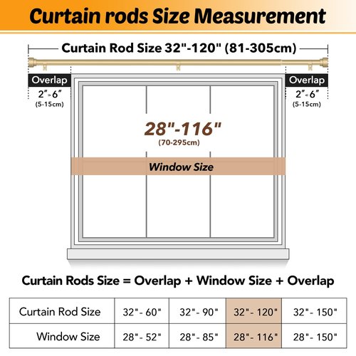 GEEBOBO Gold Curtain Rods for Windows 66 to 120 Inch, 1 Inch Adjustable Heavy Duty Decorative Window Curtain Rod, W1 (Gold, 32"-120")