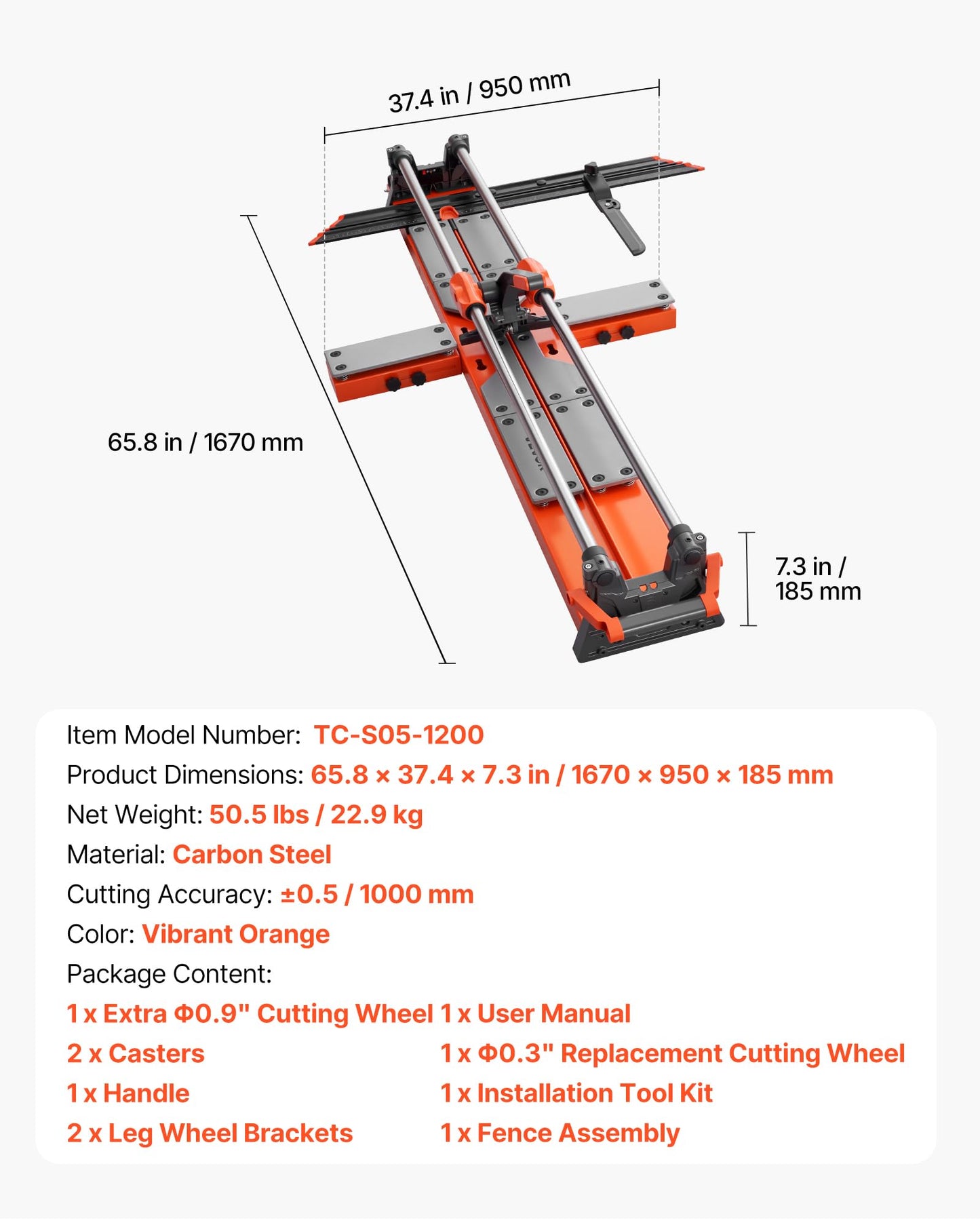 VEVOR 47.2-Inch Manual Tile Cutter, Upgraded Sliding Head Cutting Tool with Spring-Loaded Base, Angle Fence, Tungsten Carbide Cutting Wheel, Alignment Guide, for DIY Pros, Ceramic, Floor, Wall Tiles