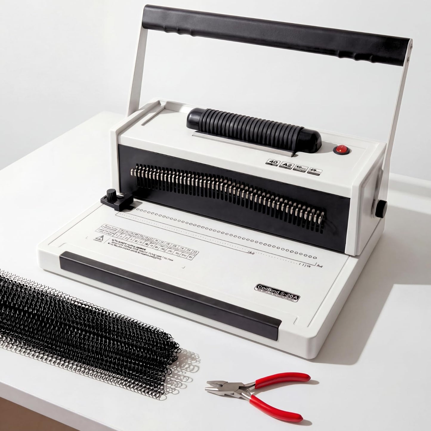 Spiral Binding Machine with Electric Coil Inserter, 20-Sheet Manual Punch, 4:1 Pitch, 46 Fully Disengageable Pins for Versatile Binding - Binds up to 500 Sheets - Includes 100 Coils & Crimping Pliers