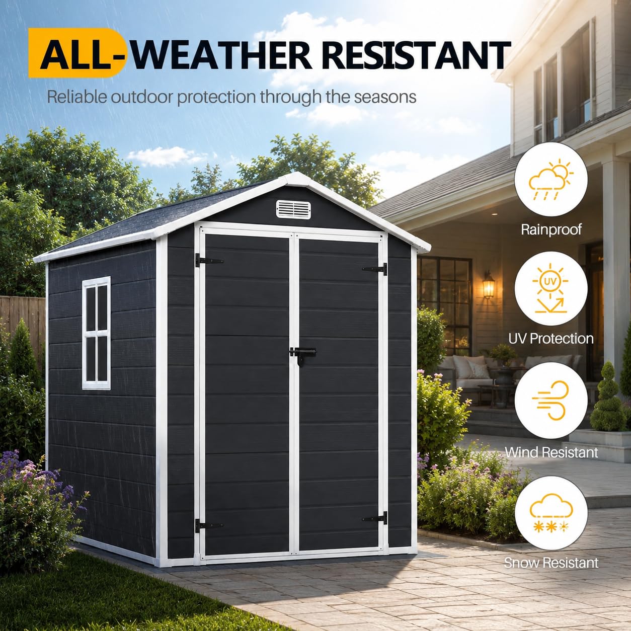 HUGROVE 6×4ft Outdoor Storage Shed with Floor, Waterproof & UV-Resistant Resin Garden Shed for Backyard with Lockable Double Doors, Air Vents & Side Window (Dark Gray)
