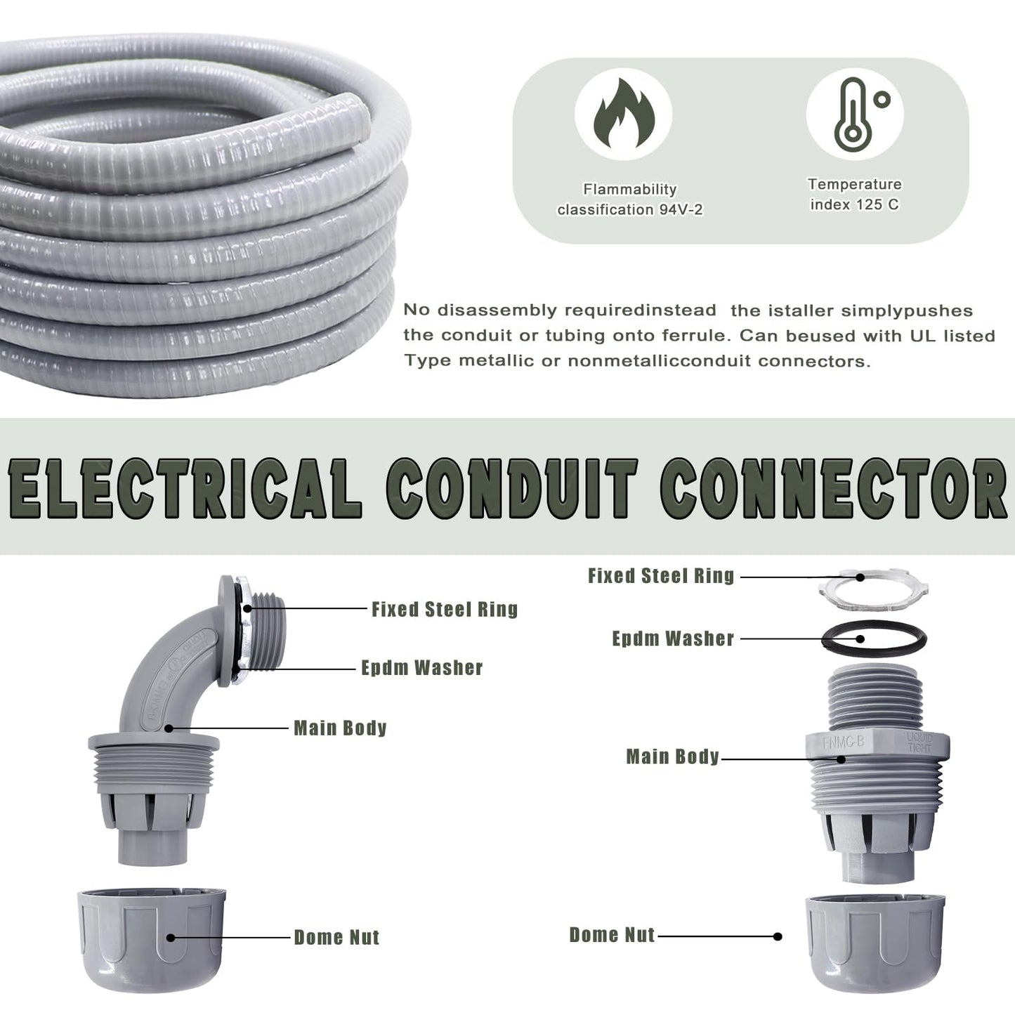 Feotech 1 Inch 150 FT Non Metallic Liquid-Tight Conduit and Connector Kit - Includes 5 Straight and 4 Angle Fittings for Electrical Wiring