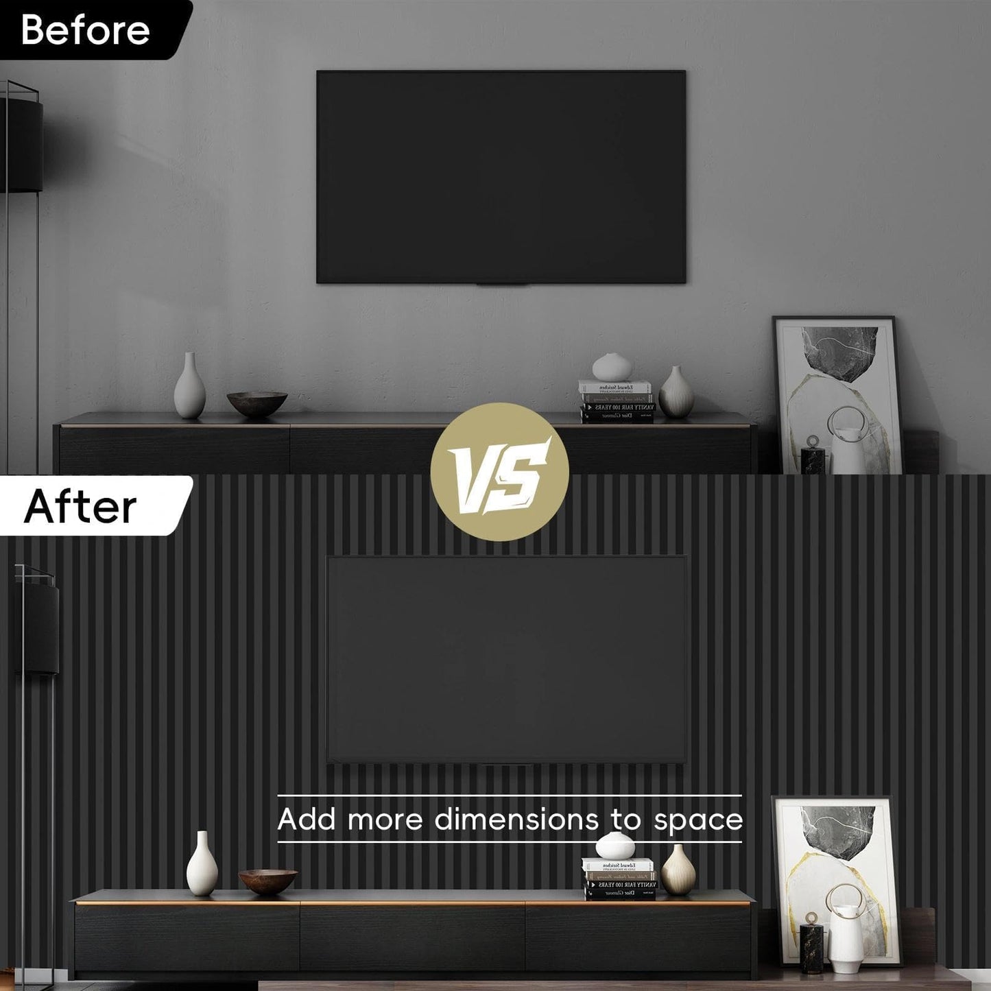 RITOLLO 18Pack WPC Wainscoting Panels, 48.2 x 6.2 Inches 3D Accent Slat Wall Panels for Interior Wall Decor, Fluted Wood Paneling for Living Room, TV Background, Office, Bedroom(Matte Black)