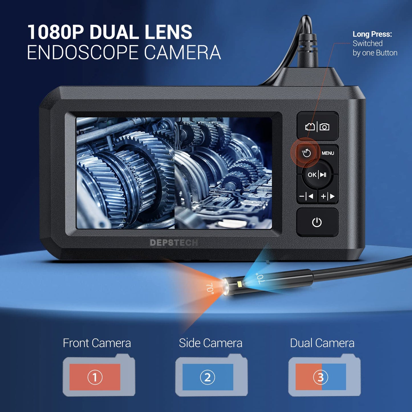 DEPSTECH DS300 Dual Lens Industrial Endoscope, 1080P Digital Borescope Inspection Camera, 7.9mm IP67 Waterproof, 4.3" Screen Sewer Camera,DS300 5.5mm 1080P HD Digital Camera,16.5FT Semi-Rigid Cable