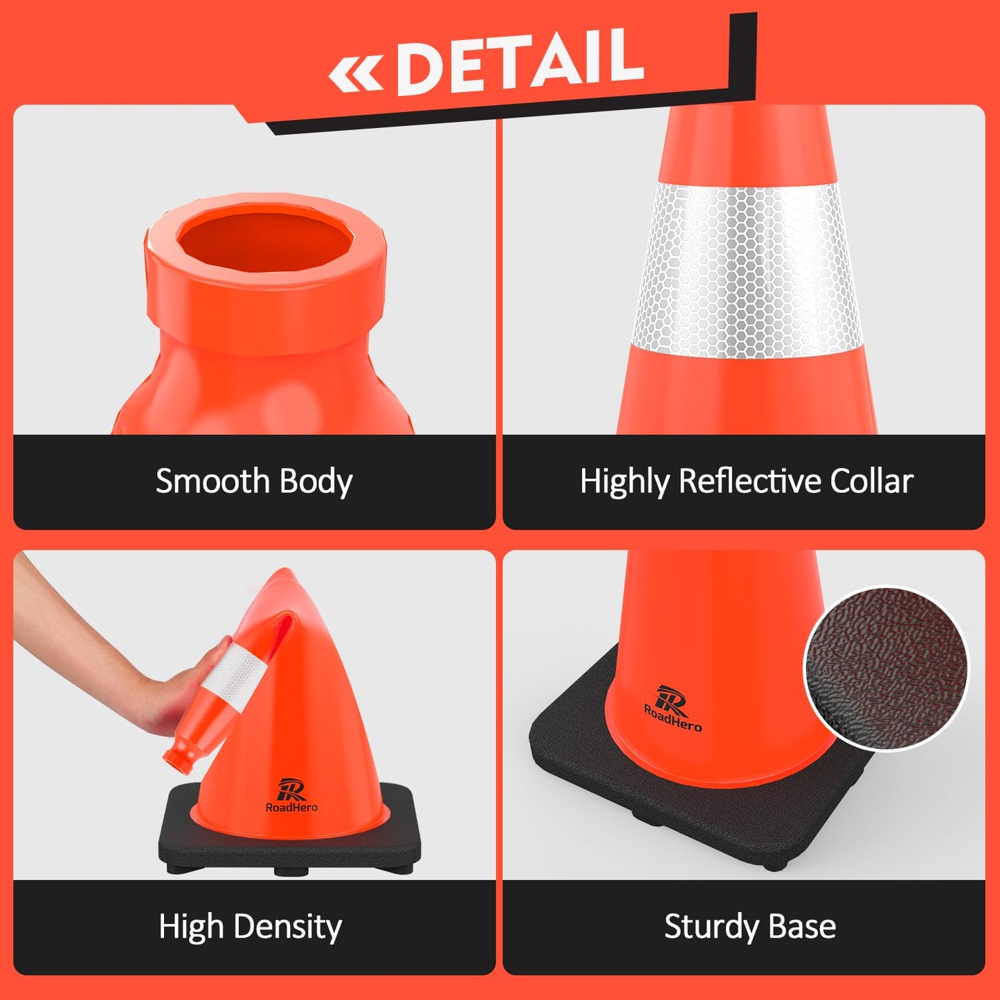 RoadHero 8 Pack Traffic Safety Cones 18 Inch, PVC Cone with Black Weighted Base, Orange Cones with Reflective Collar, Cones for Parking Lot, Construction Events, Road Safety