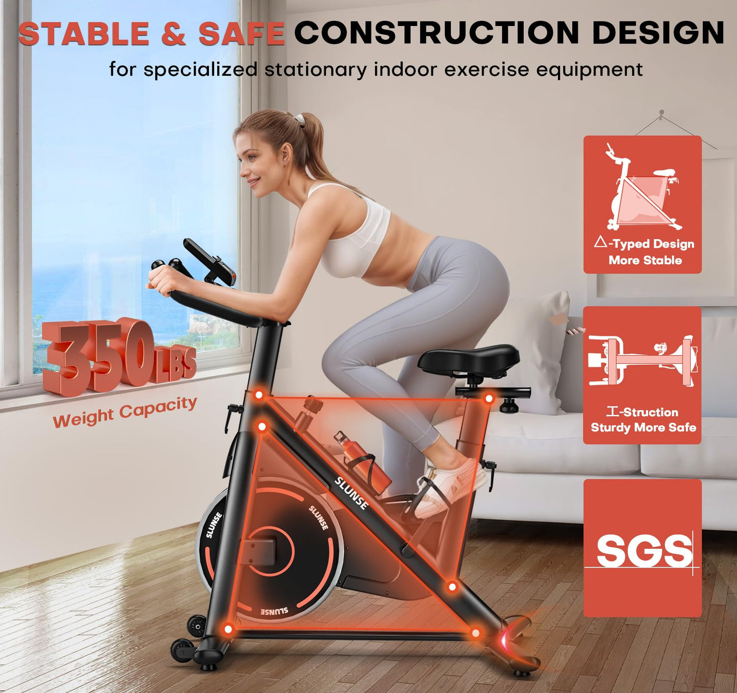 Exercise Bike, Magnetic Resistance Stationary Bikes for Home with App Compatible, Silent Indoor Cycling Bike with 350lbs Weight Capacity Comfortable Seat, Digital Monitor & Phone Mount, Black Red