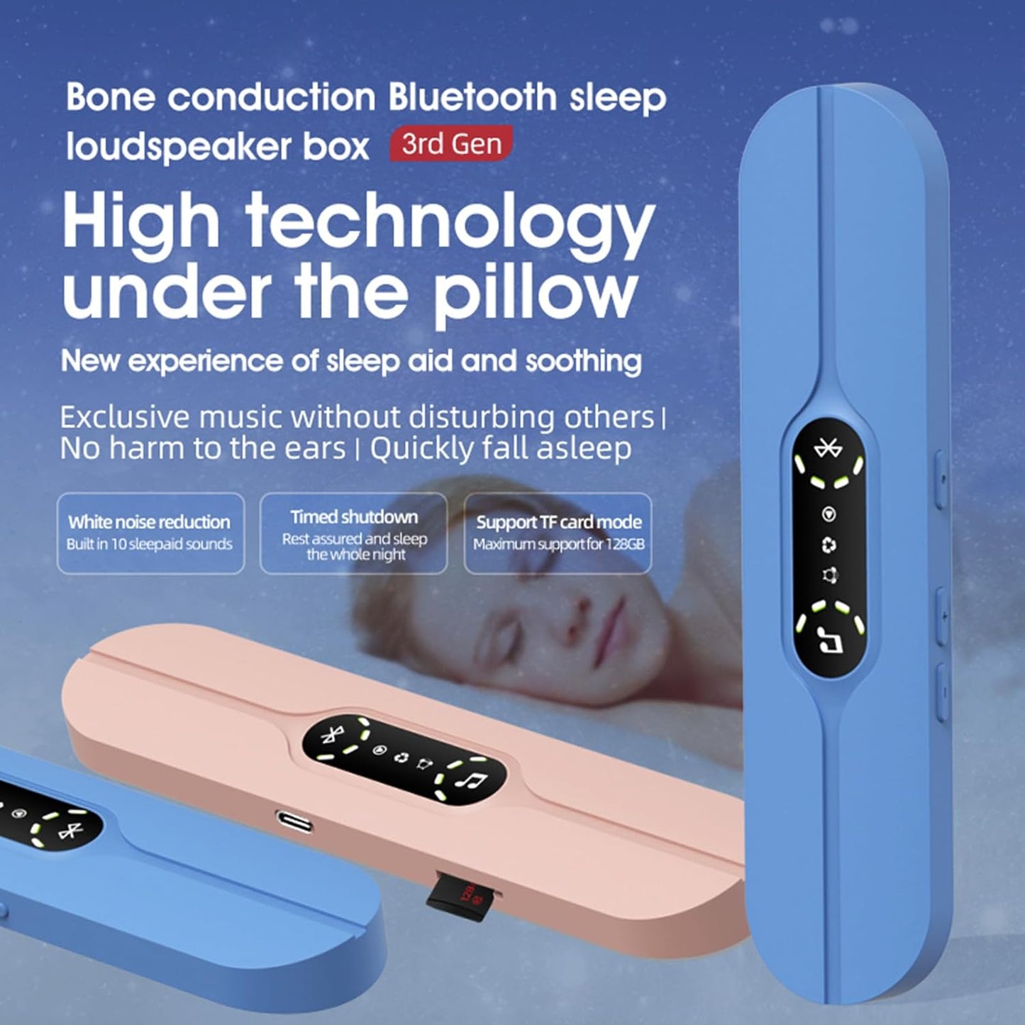 borotess 10 Pillow Speaker for Sleeping, Mini Bone Conduction Bluetooth Under Pillow Speaker with Soothing Sounds
