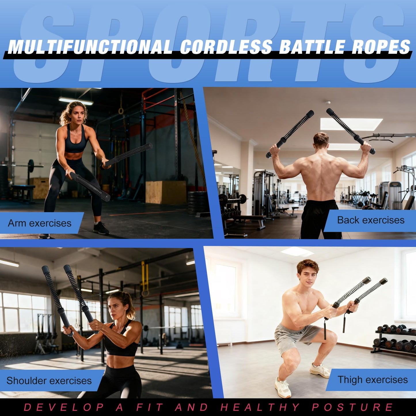 Gonideerix 2-in-1 Ropeless Battle Ropes (2-Pack), Adjustable to Resistance Training Stick – Portable Full Body Workout for HIIT, Cardio, Strength & Muscle Training, Low-Impact Home Gym Equipment for Men & Women