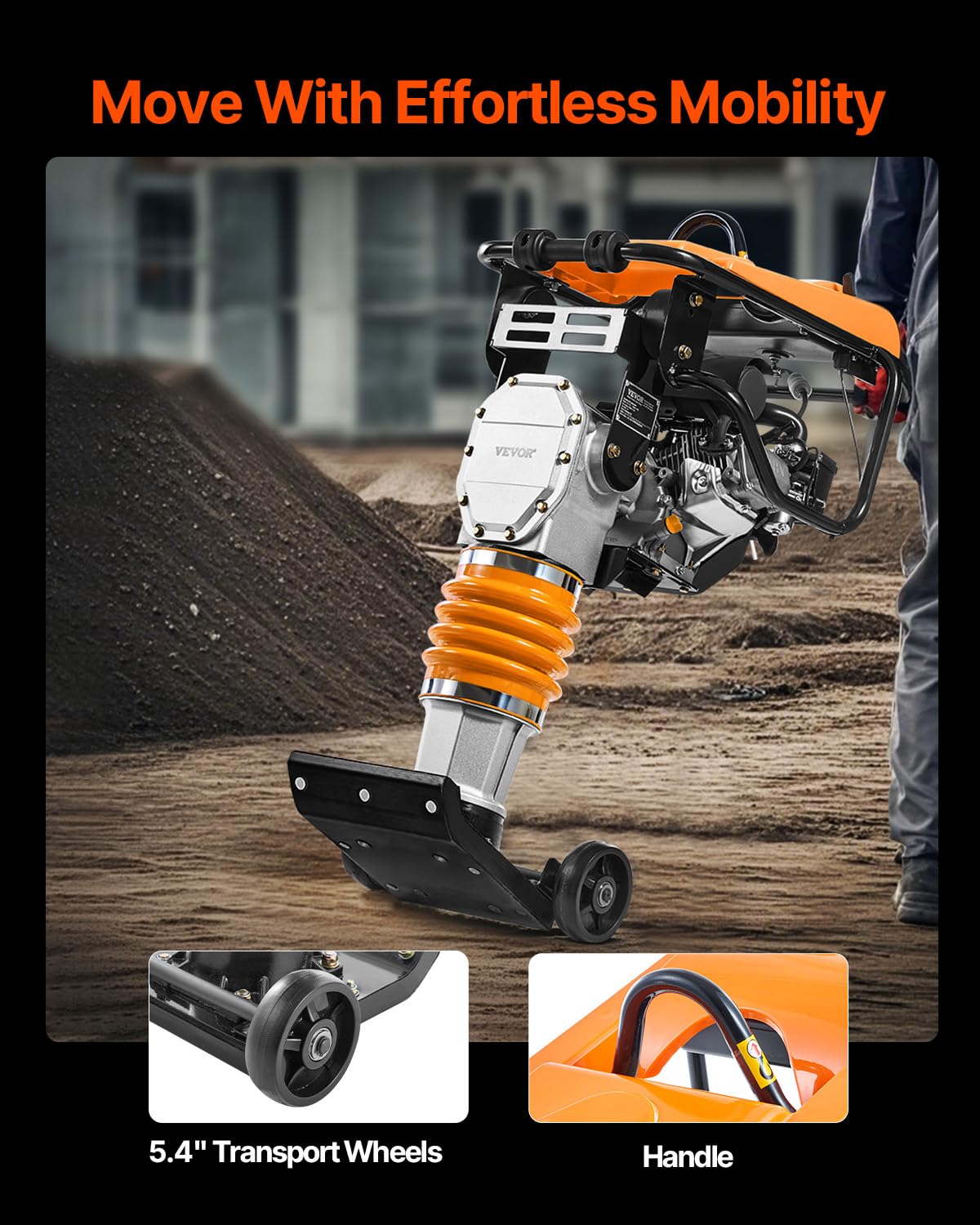 VEVOR Jumping Jack Compactor, 6.5 HP Vibratory Rammer Fuel-Powered 196 cc Engine Tamper, 3600 lbs Impact Force, 26" Max Compaction Depth, for Soil, Gravel, Footings, Concrete Slabs, and Foundations