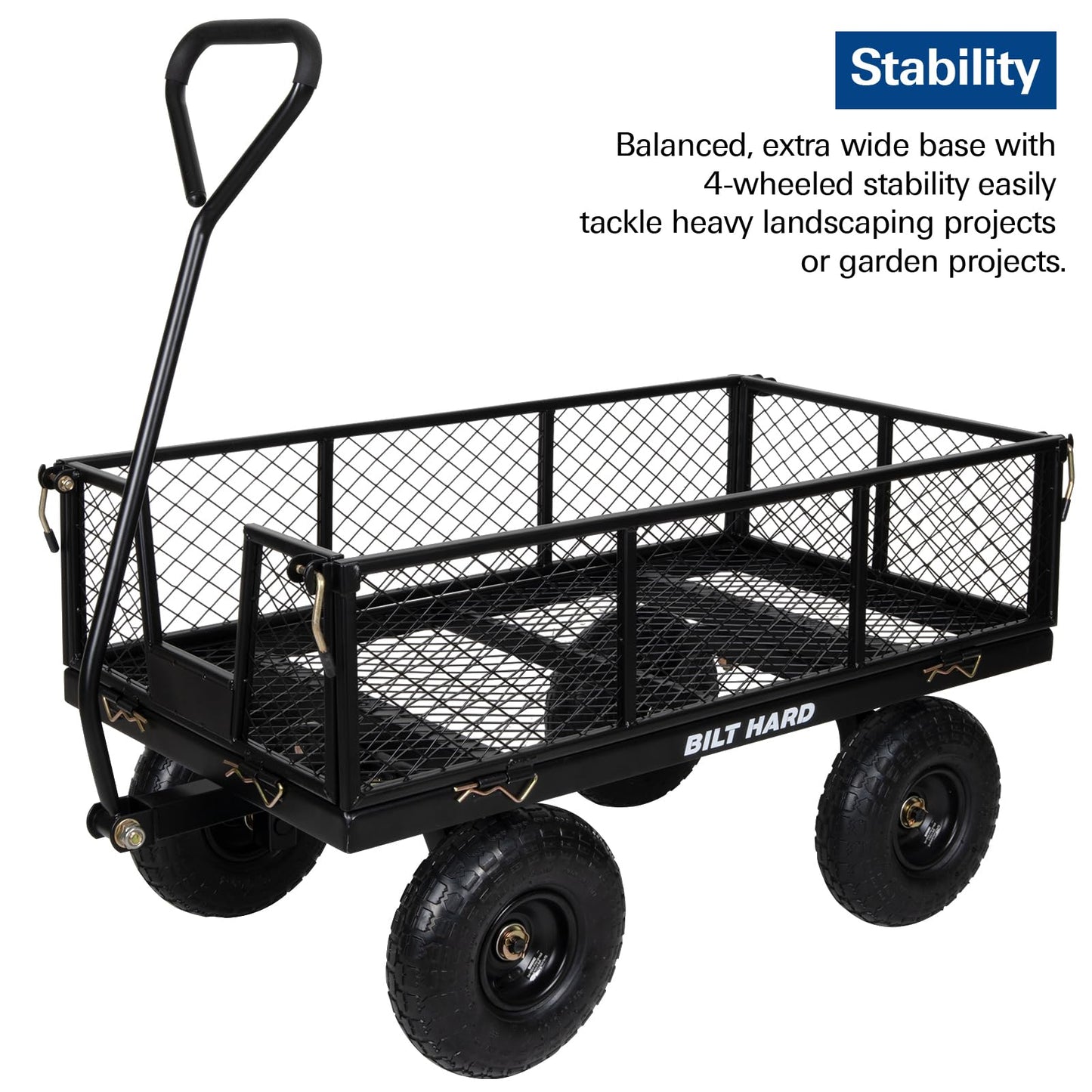 BILT HARD Heavy Duty 880 Lbs Capacity Mesh Steel Garden Cart, 4 Cu.Ft Heavy Duty Garden Cart with 180° Rotating Handle, Removable Sides, All Terrain Wheels, Capacity Utility Steel Wagons for Yard