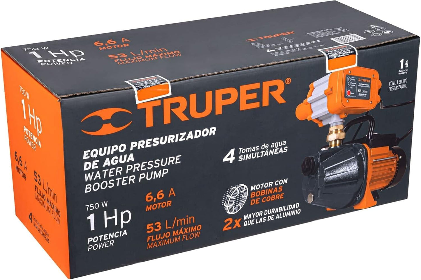 Truper 1 HP High-Performance Water Pressure Booster Pump, Automatic Inline Pressure Boosting System for Whole-House Residential Utility and Irrigation (Model 19397 / PRES-1)