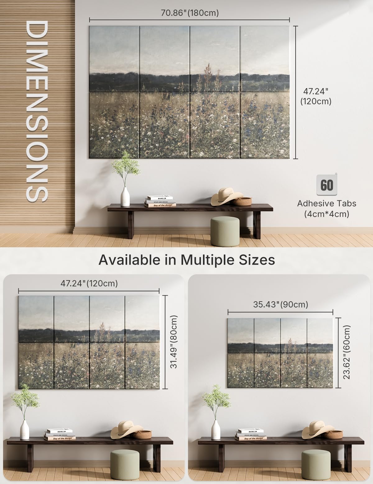 Wall Art Acoustic Panels,70''×47''Sound Absorbing Panels-8-Pack with 60 Adhesive Tabs, Decorative Sound Absorbing Panels for Living Room and Recording Studio, Offices-Champ Fleuri