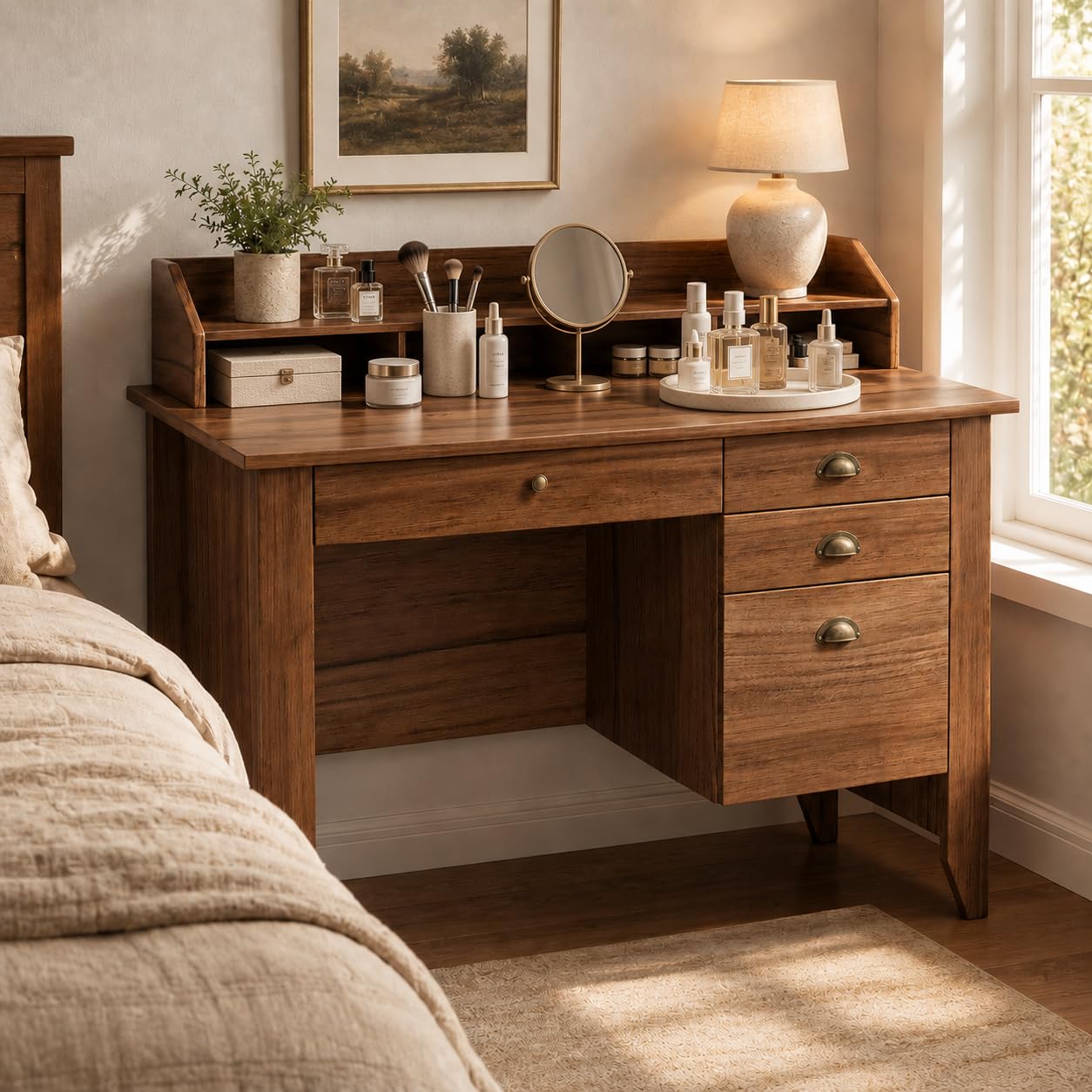 4 EVER WINNER Desk with Drawers, 47'' Small Desk with Monitor Stand and File Drawer, Computer Desk with Storage for Bedroom, Living Room, Small Spaces, Walnut