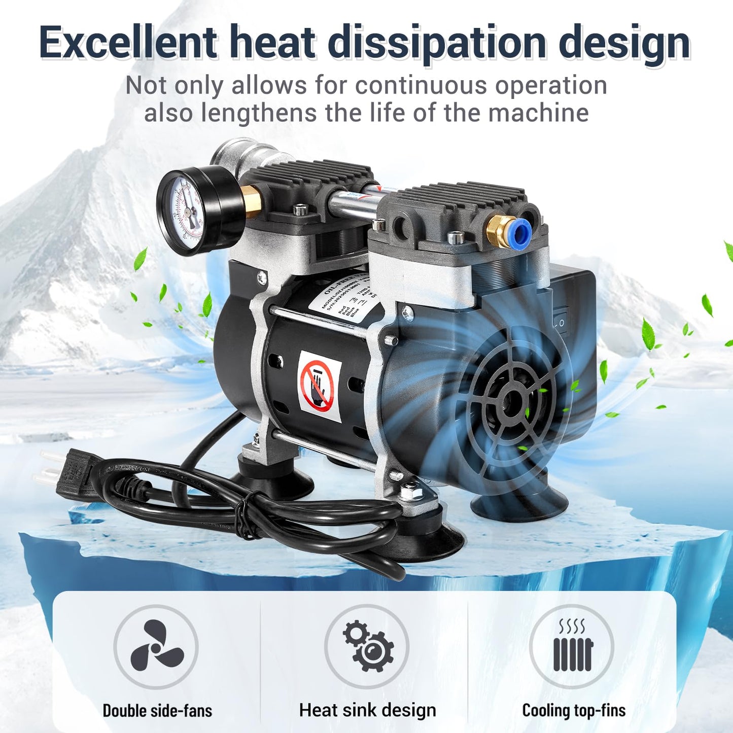 ScitoLAB Vacuum Pump 50 L/Min, Oilless Pump with Upgraded Capacitor, Vacuum Meter, Aluminum Silencer, 4 Quick Connectors, for Lab Electronics Industry