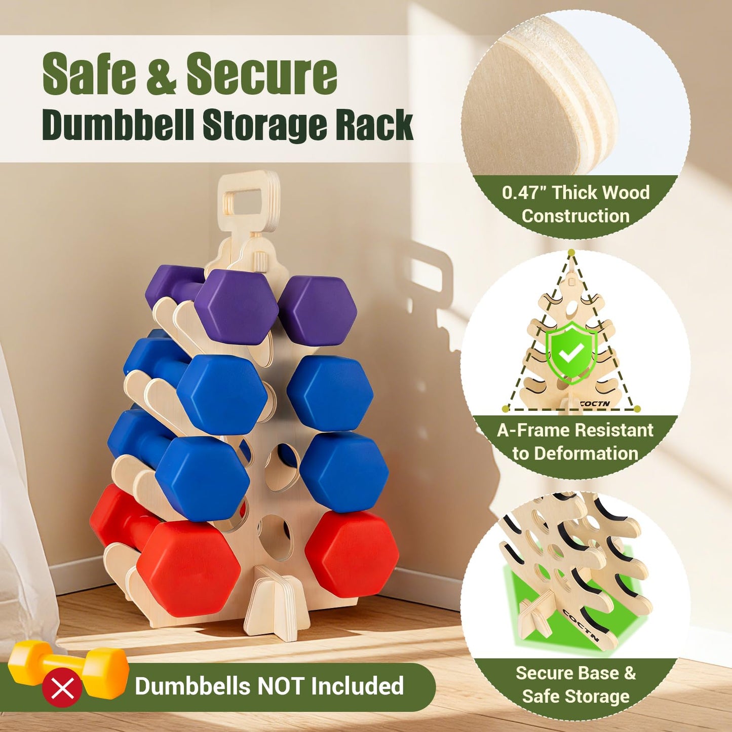 Dumbbell Rack Stand Only, Wooden 4-Tier Small Weight Holders for 5-15lbs Free Weights & Women, Compact A-Frame Hand Weight Rack for Home Gym Space Saving (Dumbbells Not Included)