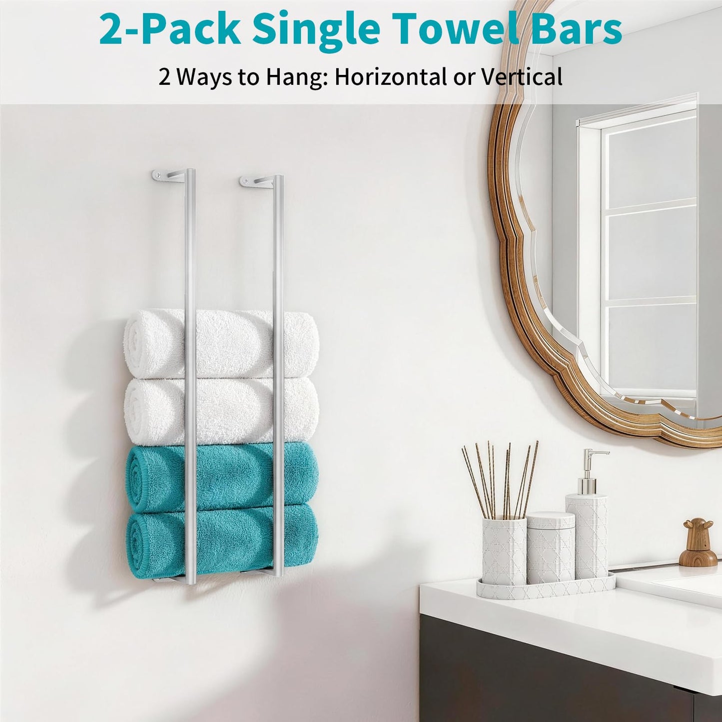 2-Pack Brushed Nickel Bathroom Towel Bar, 24-Inch Towel Racks for Bathroom Wall Mounted, Heavy Duty Towel Rod Holder Mordern Home Decor