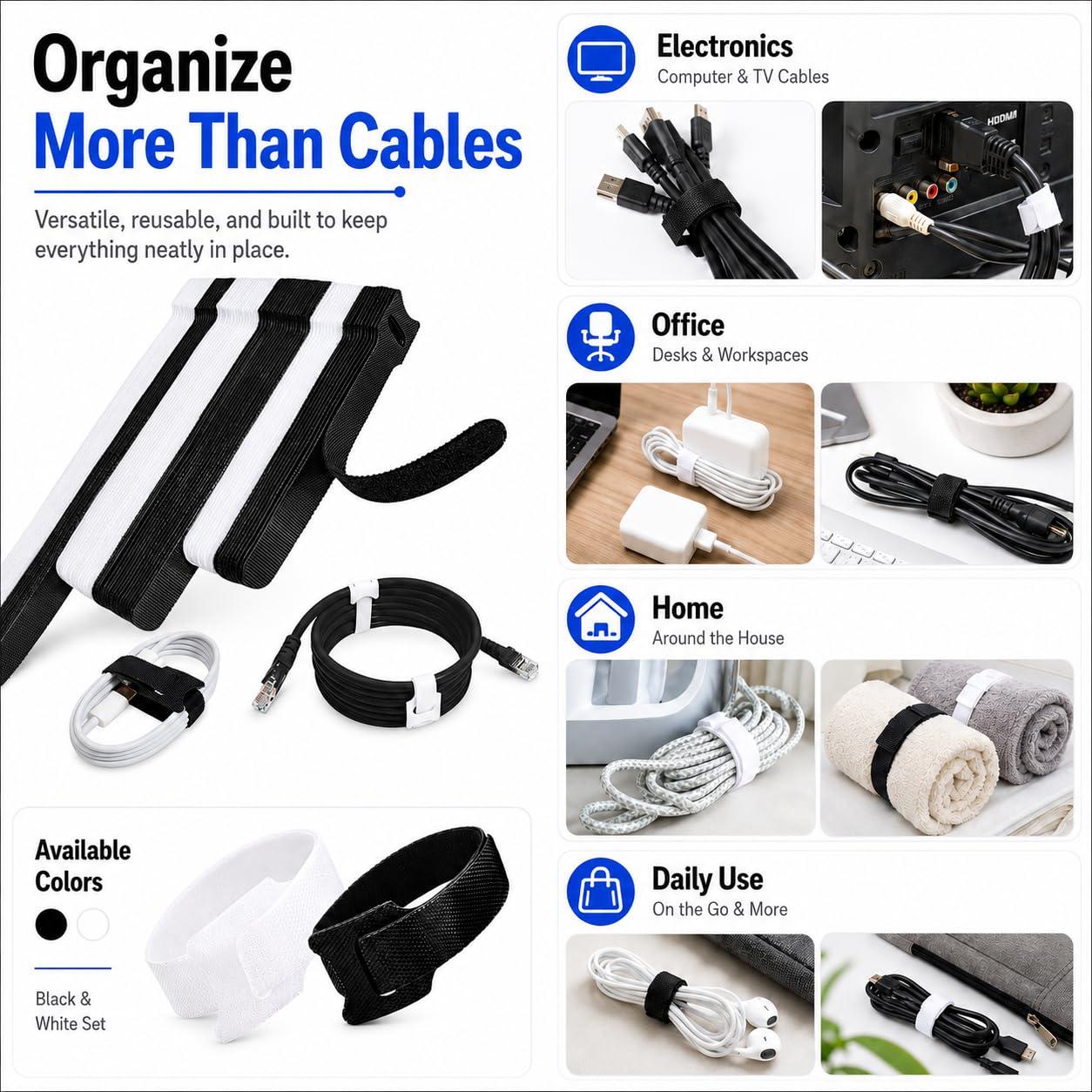 70pcs Cable Ties Reusable Black and White Wire Ties Cable Management Cord Ties Reusable for Electronics Hook and Loop Cable Ties for Computer 4 6 8 Inch