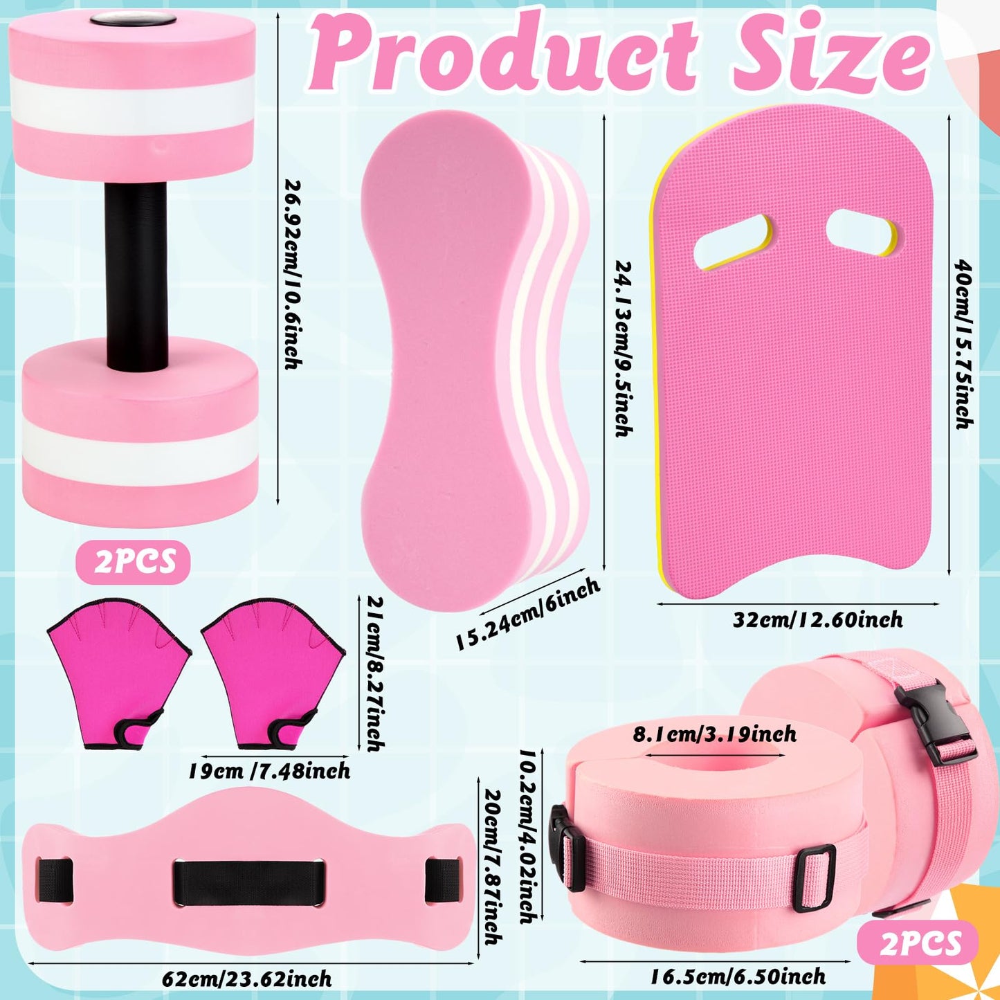 Sonwyoung 8 Pcs Water Aerobics Set Including Exercise Foam Dumbbells Aquatic Swim Belt Pull Buoy Swim Kickboard Sport Gloves Water Weights Equipment for Aquatic Fitness Weight Loss Fitness Tool (Pink)