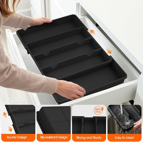 Large Silverware Organizer - Expandable Utensil Drawer Tray | BPA-Free Cutlery Holder in Black