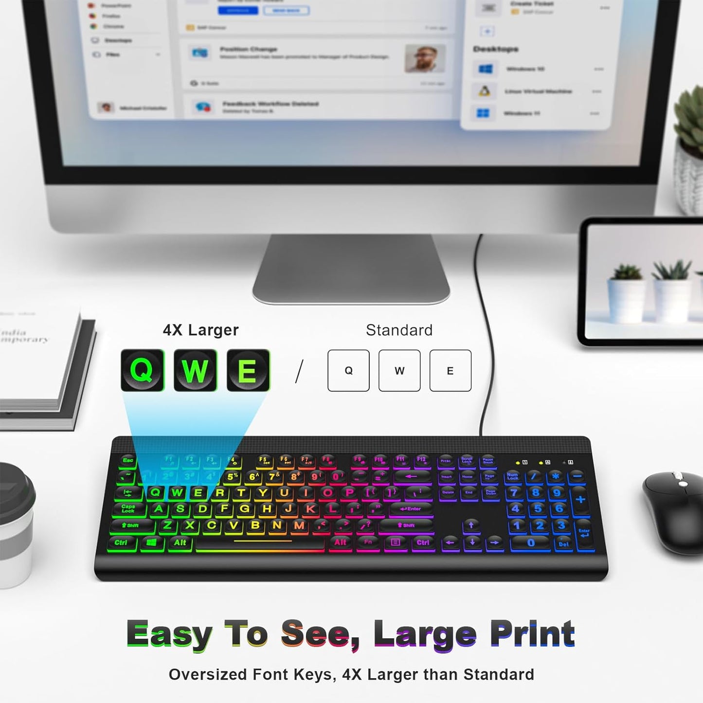 Atelus Large Print Backlit Keyboard, USB Wired Computer Keyboard, Full Size Keyboard with Rainbow Illuminated LED