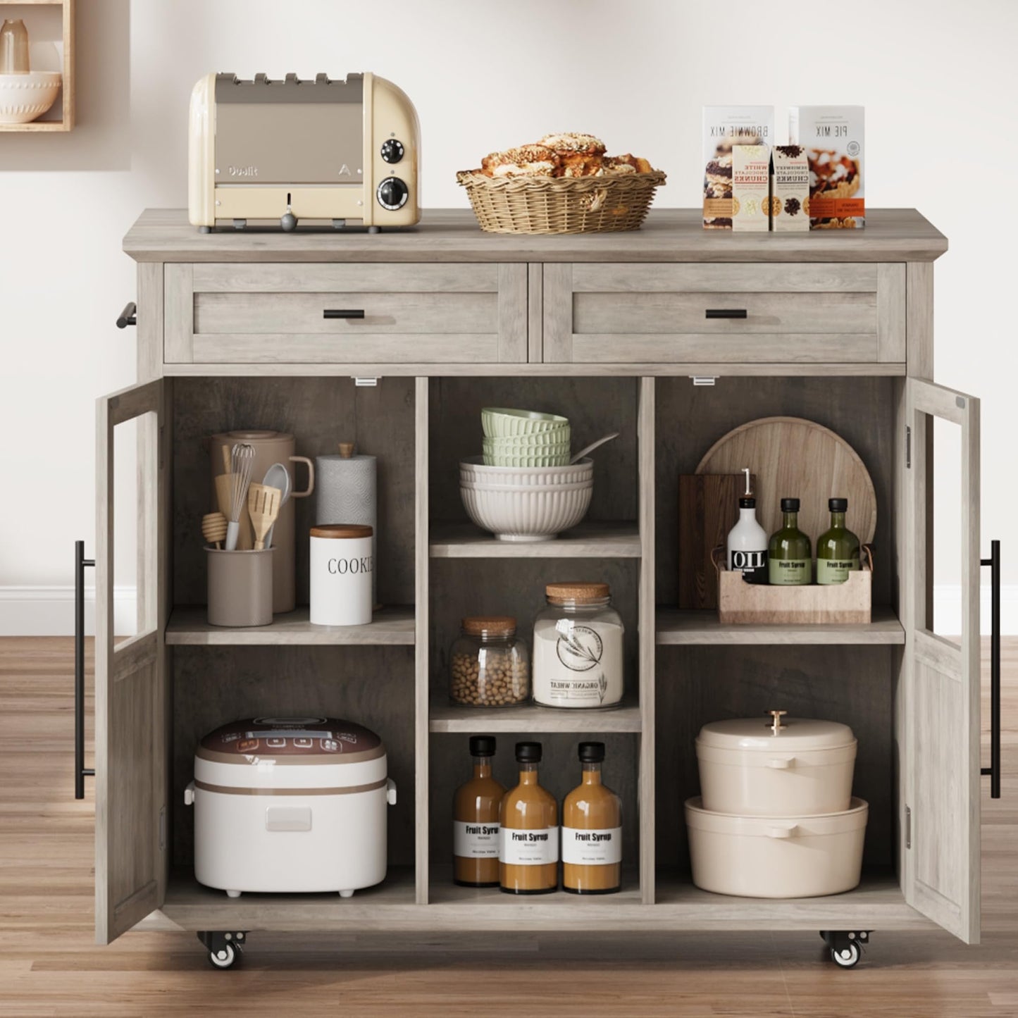 GarveeHome 41 in Rustic Kitchen Island on Wheels - Wood Drop-Leaf Table with 3-Tier Storage, Mobile Coffee Bar Cart (Light Gray)