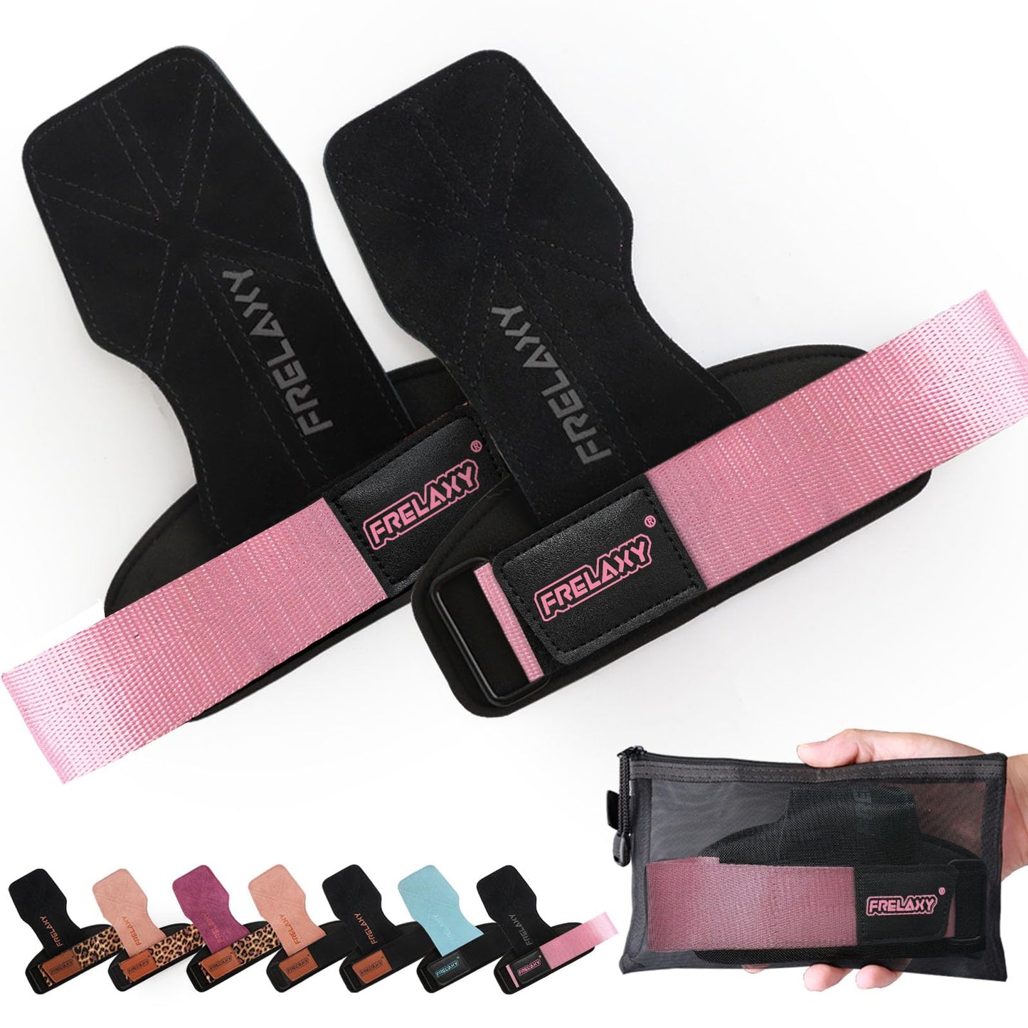 Frelaxy Lifting Wrist Straps Women and Men, Weight Lifting Grips with Cushion Wrist Loop, Double Layer Leather and Storage Pouch, Gym Workout Straps for Deadlift and Powerlifting