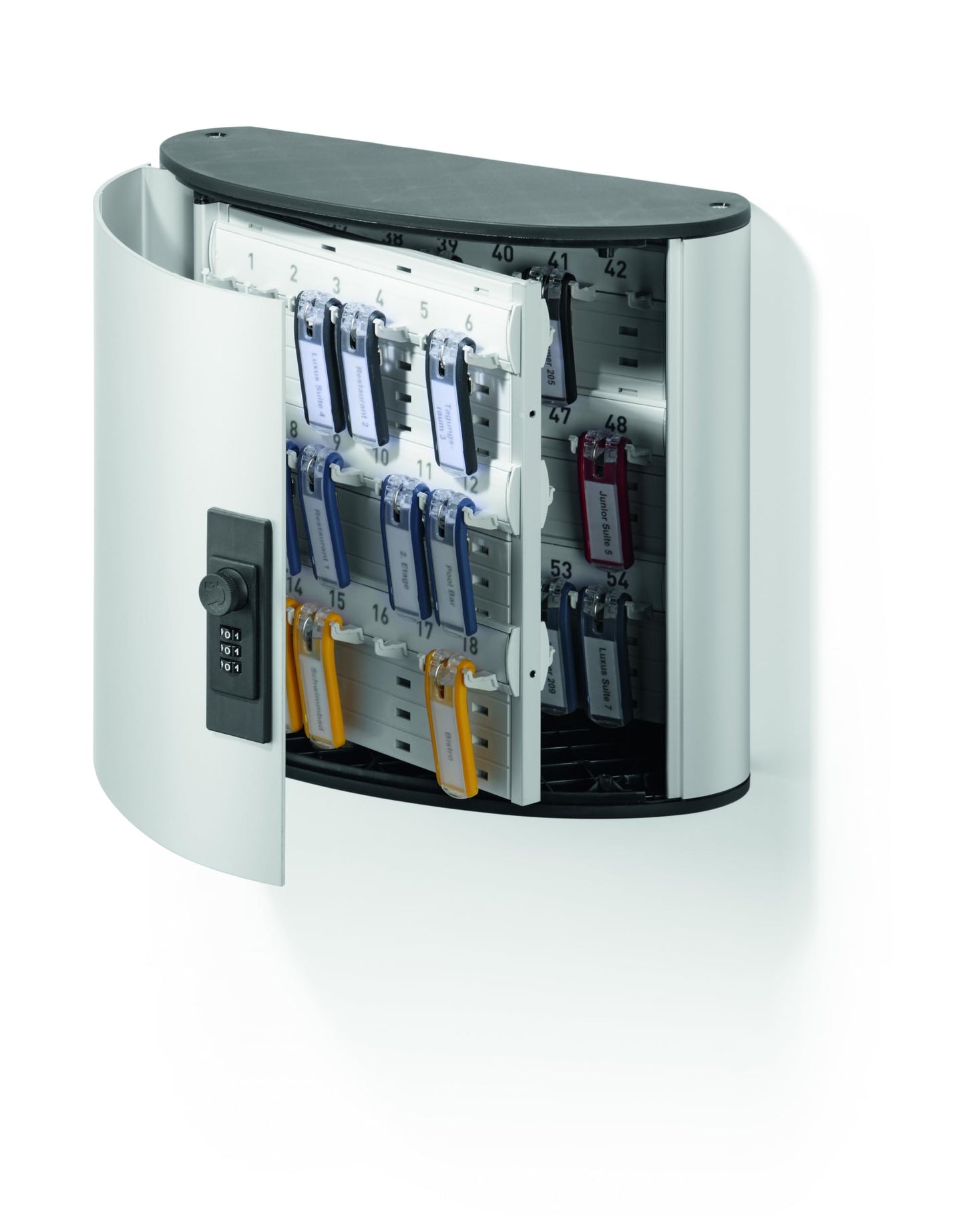 Durable Key Safe Box 54 - Wall Mounted Lockable Key Holder Cabinet with Combination Lock Holds 54 Key Clip Keys - Securely Locks Keys - Aluminum Key Safe Including 6 Key Clip Tags