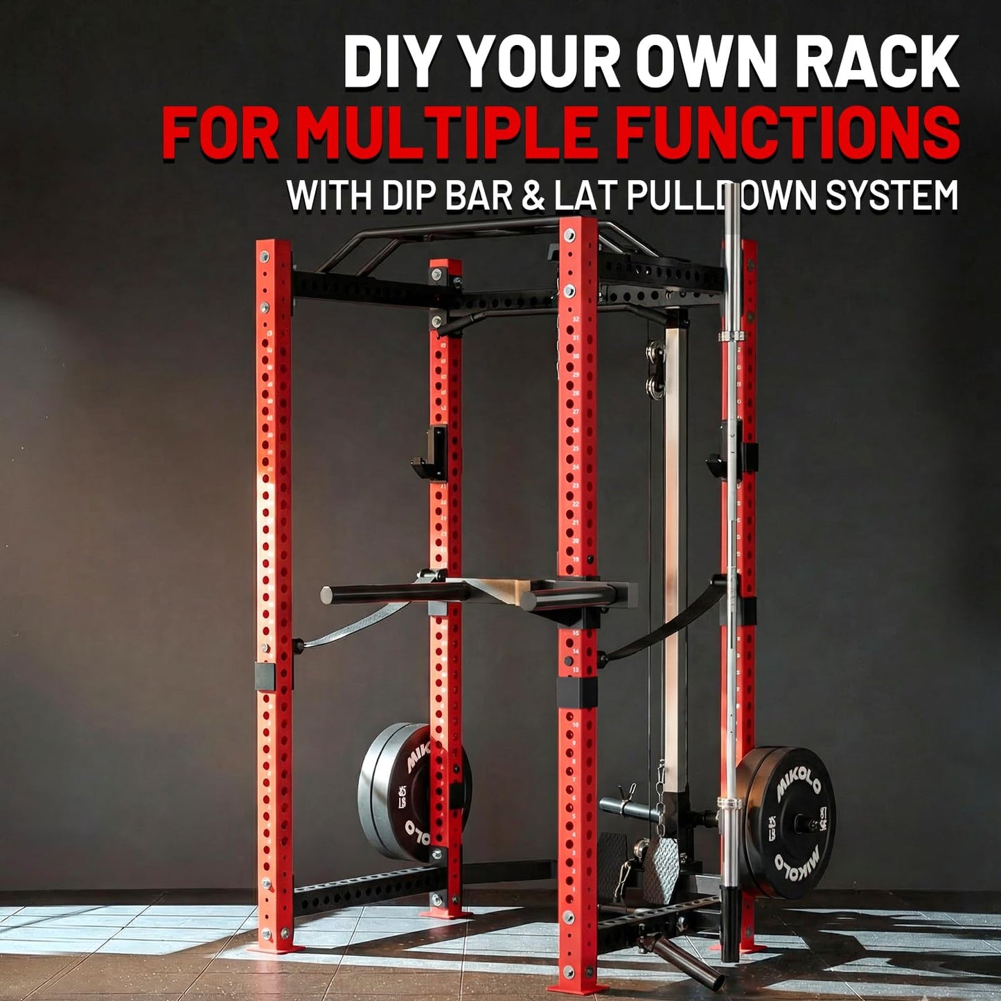 Mikolo 3"x3" Power Cage, Multi-Function Power Rack with LAT Pull Down Pulley System, Commercial Squat Rack for Home Gym with Dip Bar, LAT Pull Down Pulley System