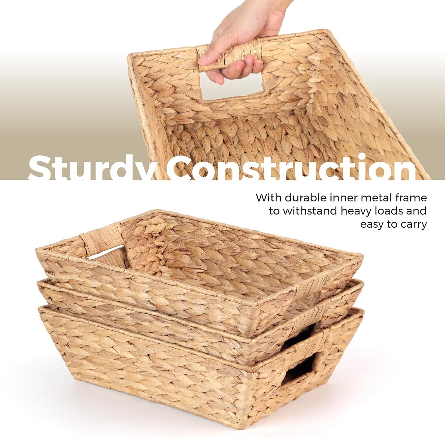 Water Hyacinth Snack Baskets by [Brand Name] - Set of 3 Wicker Organizers with Handles for Office Use