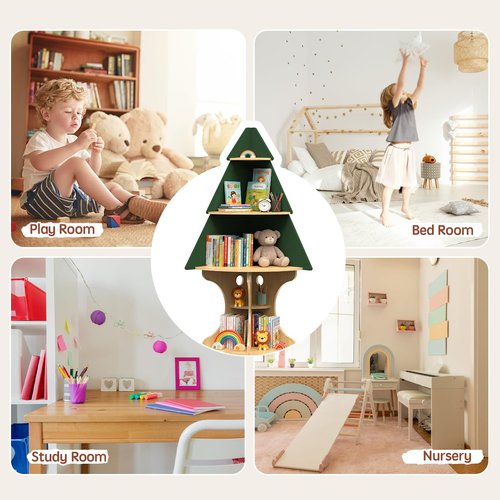 LAKNUAL Bookshelf for Kids, Children Tree-Bookshelf, Space-Saving Montessori Toddler Corner Bookcase for Nursery, Kindergarten, Kids Rooms