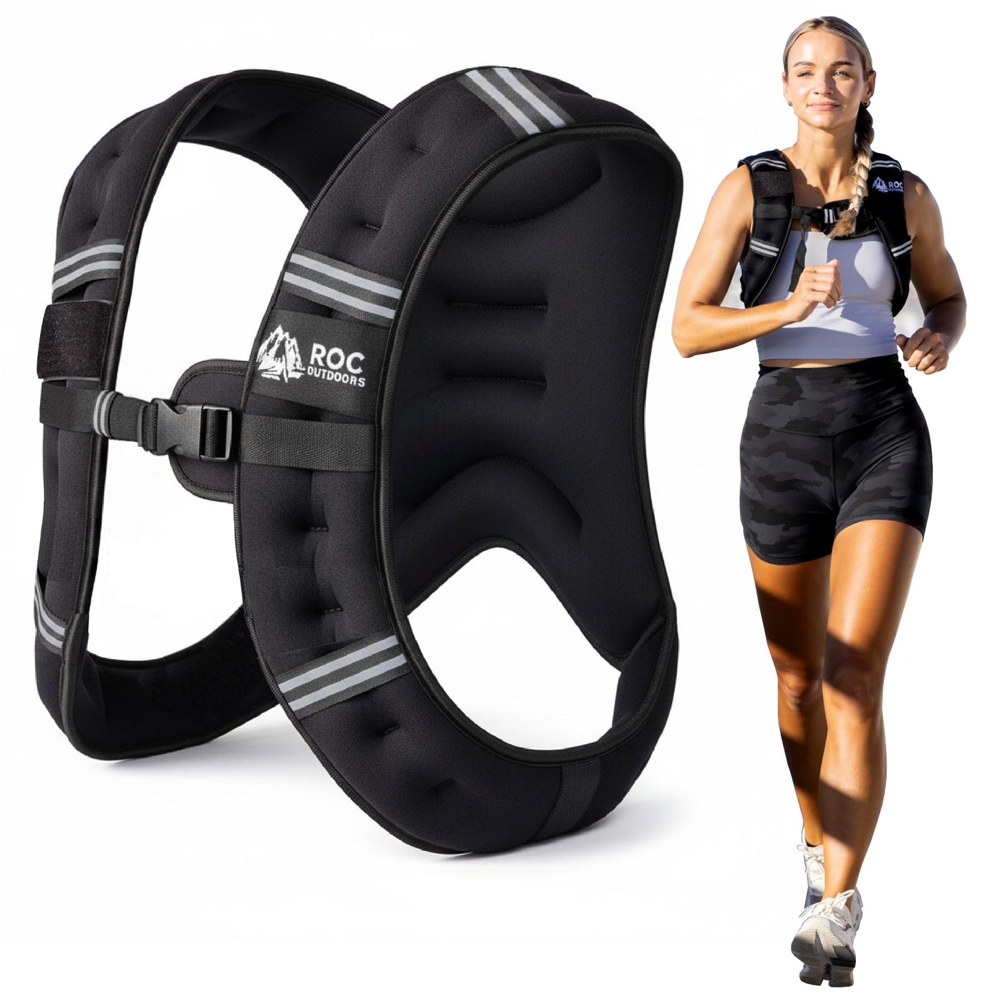 Roc Outdoors Weighted Vest for Woman and Men, 5lb/10lb/15lb/20lb/30lb Weight Vest with Reflective Stripe for Workout, Strength Training, Running, Walking, Fitness, Weight Training, Weight Loss, Weightlifting (Black, 10lb)