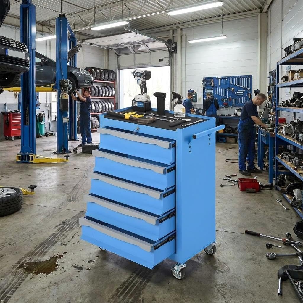 SierraSquad 5-Drawer Rolling Tool Chest with Lock, Tool Cabinet on Wheels, Includes Drawer Liners, Latch System & Link Buckle,Can Be Combined to Large Cabinet Set for Garage Workshop Storage,Blue