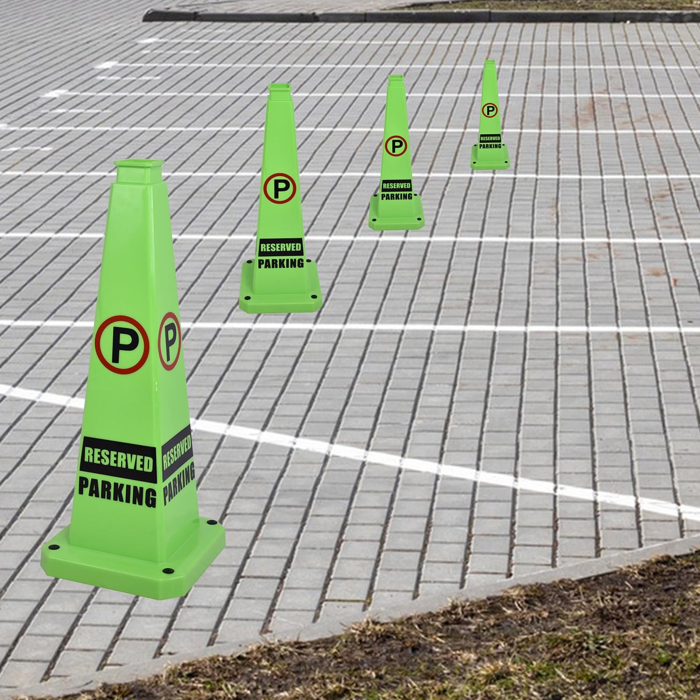 OranclUS 3 Pack 36 Inch 4-Sided Safety Cone, “Revised Parking” Green Message Cone, Extra Tall High Visibility Durable PVC Stackable Traffic Cones (3, Green-Revised Parking, 36inch Printed)