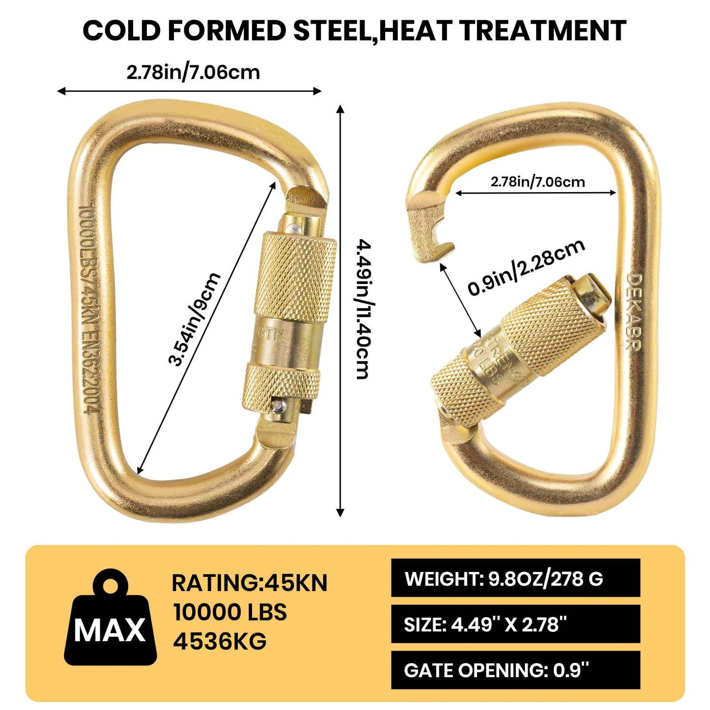 DEKABR Heavy Duty Alloy Steel Auto-Locking Climbing Carabiner - 45KN Twist Lock Carabiner for Rock and Tree Climbing, Quick Release, Rescue, and Mountaineering. ANAB Certified, Large, Gold (5 Pack)