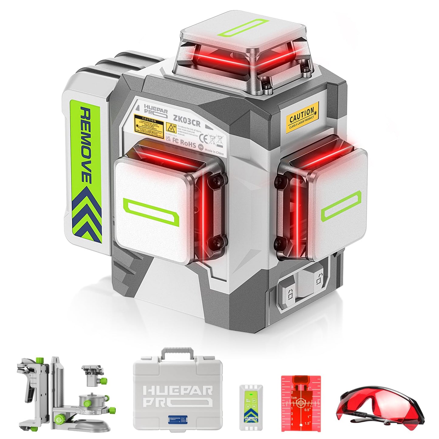 Huepar Pro Laser Level 3 x 360 Self Leveling Red Beam Laser Tool, High Accuracy Professional 3D Cross Line Laser with Rechargeable Battery, Magnetic Bracket & Hard Carry Case ZK03CR