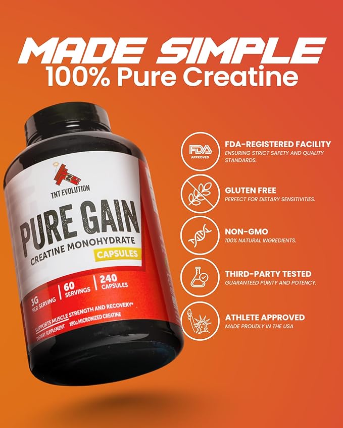 Creatine Monohydrate Capsules – 750mg Capsule for Men & Women – 60 Serving – Pure Micronized Creatine for Strength, Fitness & Sport – 240 Count, Gluten Free Nutritional Supplement