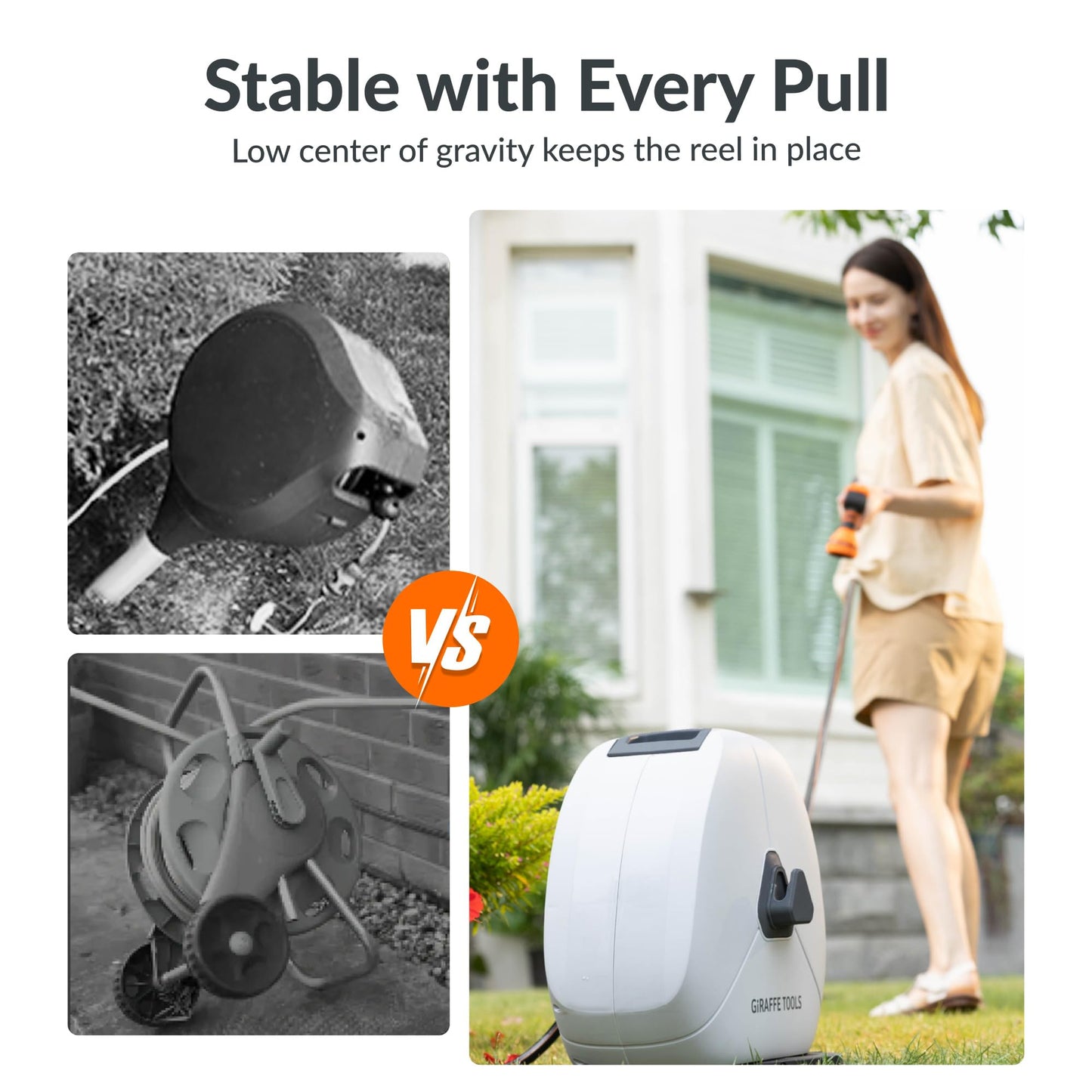 Giraffe Tools Retractable Heavy Duty Hose Reel, 5/8" x 92FT Automatic Rewind Garden Hose Reel with 360° Swivel Base, Ground Mounted for Lawn, Patio, Concrete Floor & Yard Watering