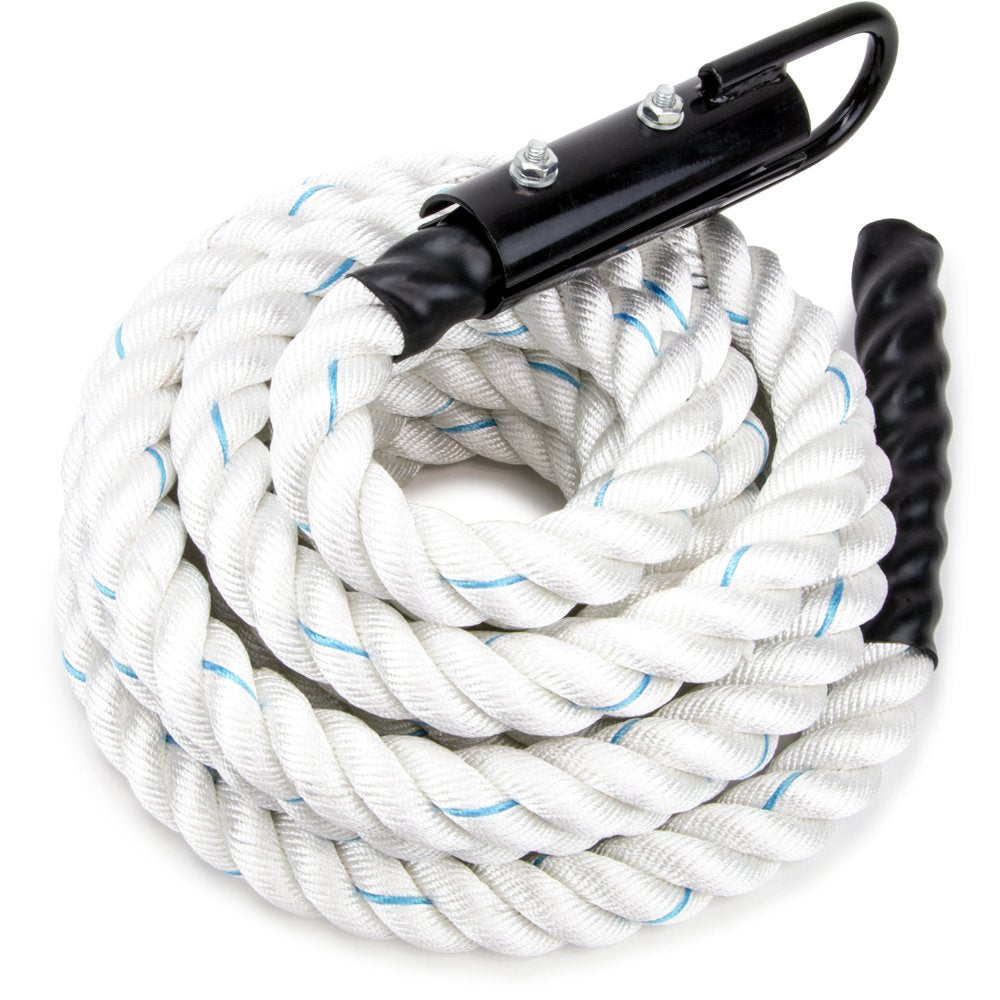 Crown Sporting Goods 1.5" Gym Climbing Rope for Adults (30-foot) - Poly Dacron Twist with Carabiner Eyehook - Strength Conditioning, Physical Education Fitness Equipment, Home Workout