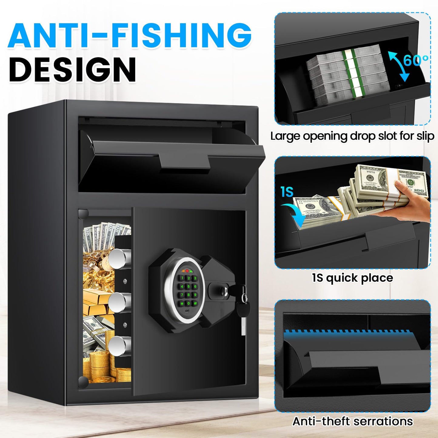 2.6 Cub Drop Safe for Business, Quick Place Safe with Drop Slot, Digital Backlit Combination Lock and Backup Key, Alarm & Mute System, Anti-theft Money Deposit Safes for Cash Slip Business Office Home